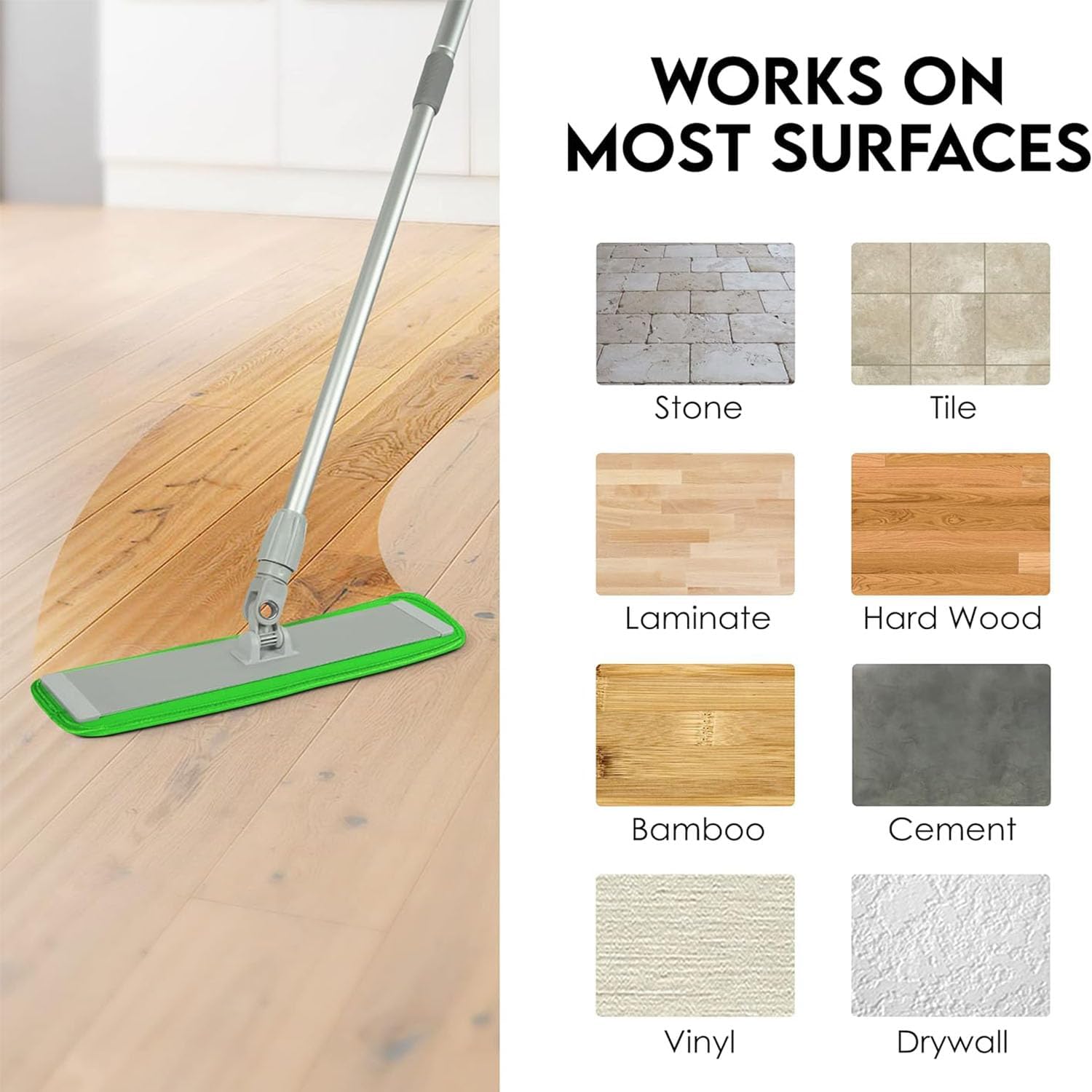 Mop Floor Cleaning System, 18-inch Dust Mop with 4 Reusable Pads for Hardwood and Tile, 360-Spin Floor Mop Head & Extendable Handle, Household Cleaning Tools