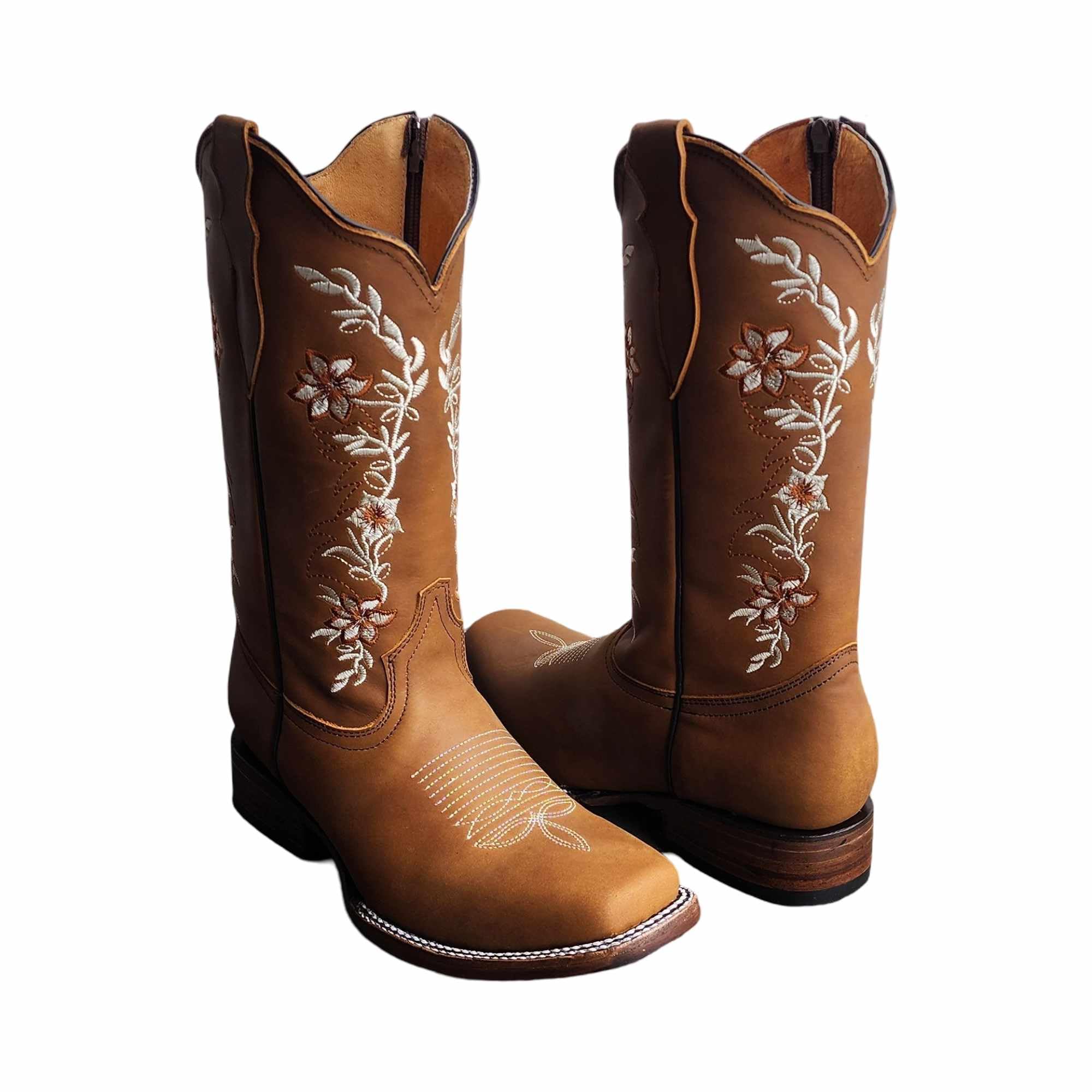 Dona Michi WOMENS COWGIRL Square toe leather Flower embroidered Design with zipper Botas para Mujer con Zierre