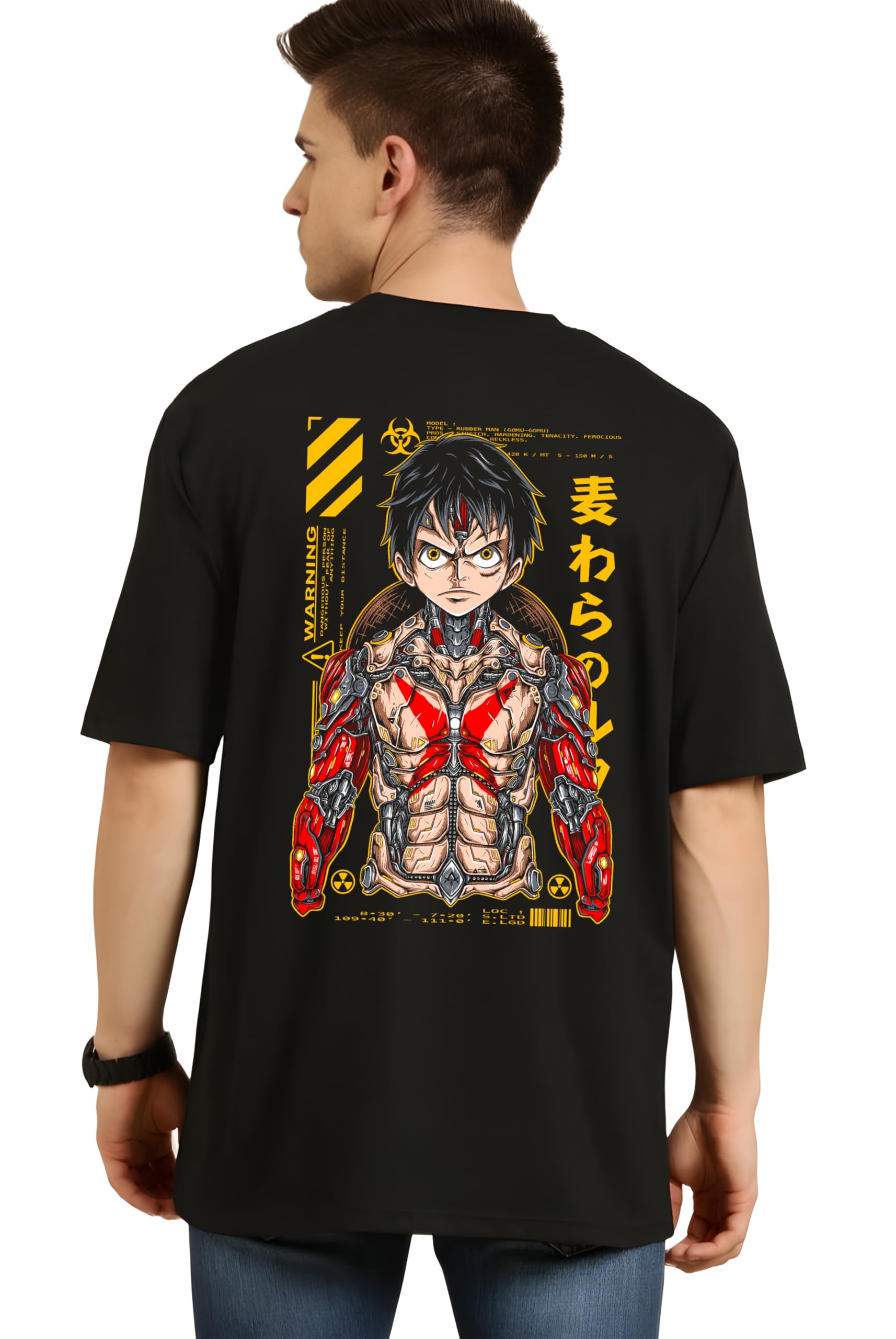 Anime One Piece Gomu Graphic Printed Black T-Shirt with Rubber Man Design Back Print, Casual Streetwear Style Oversized