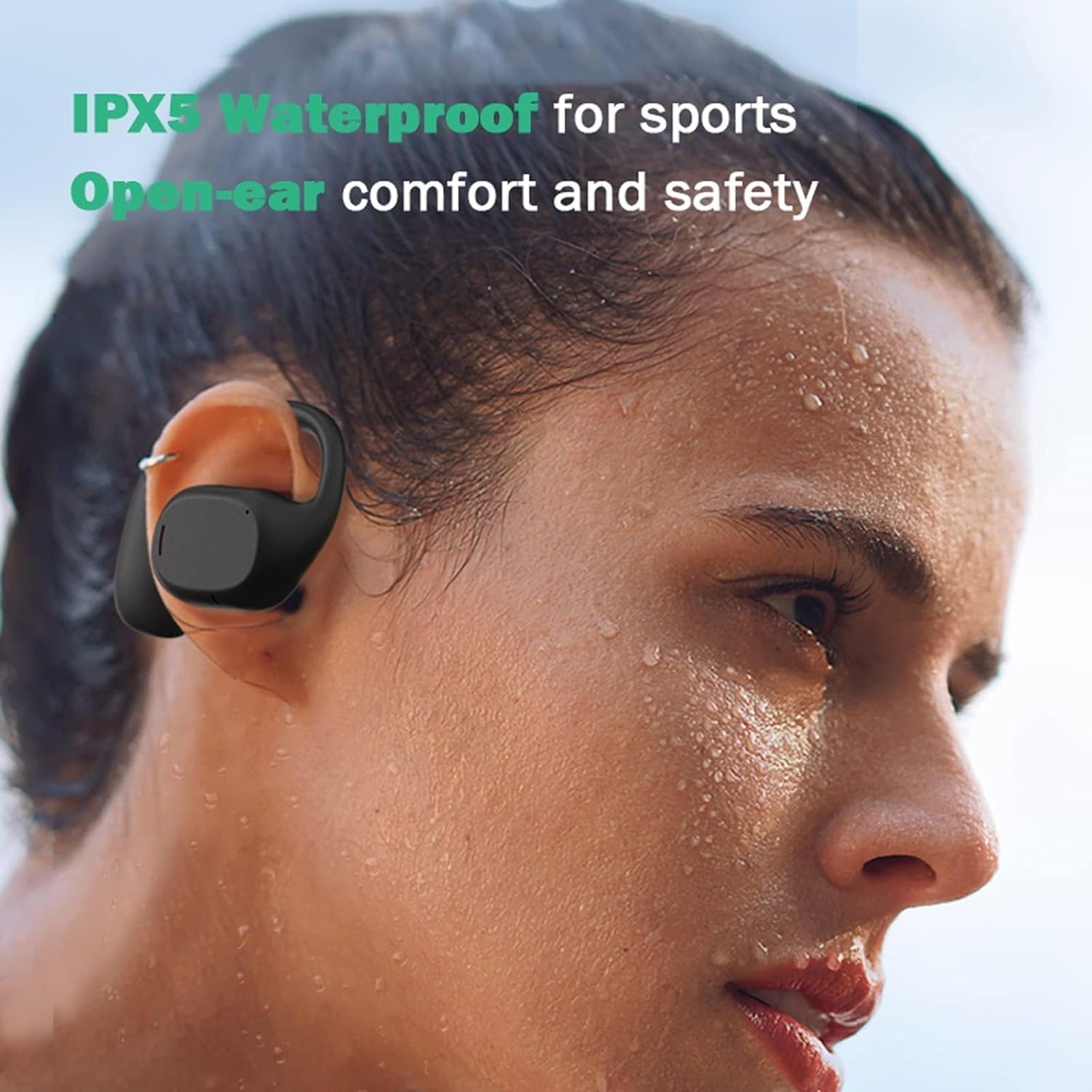 Man sweating while wearing black Xmenha headphones, highlighting IPX5 waterproof feature.
