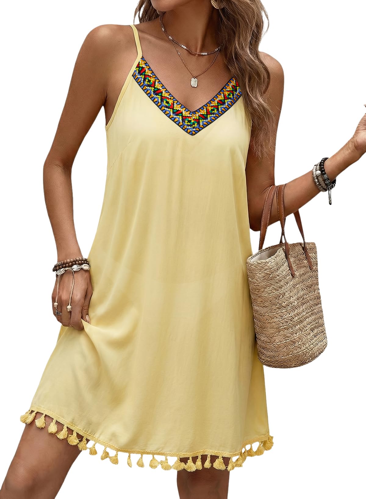 Summer Dresses for Women 2026 Beach Vacation Sundress V Neck Embroidered Spaghetti Strap Beach Cover Up