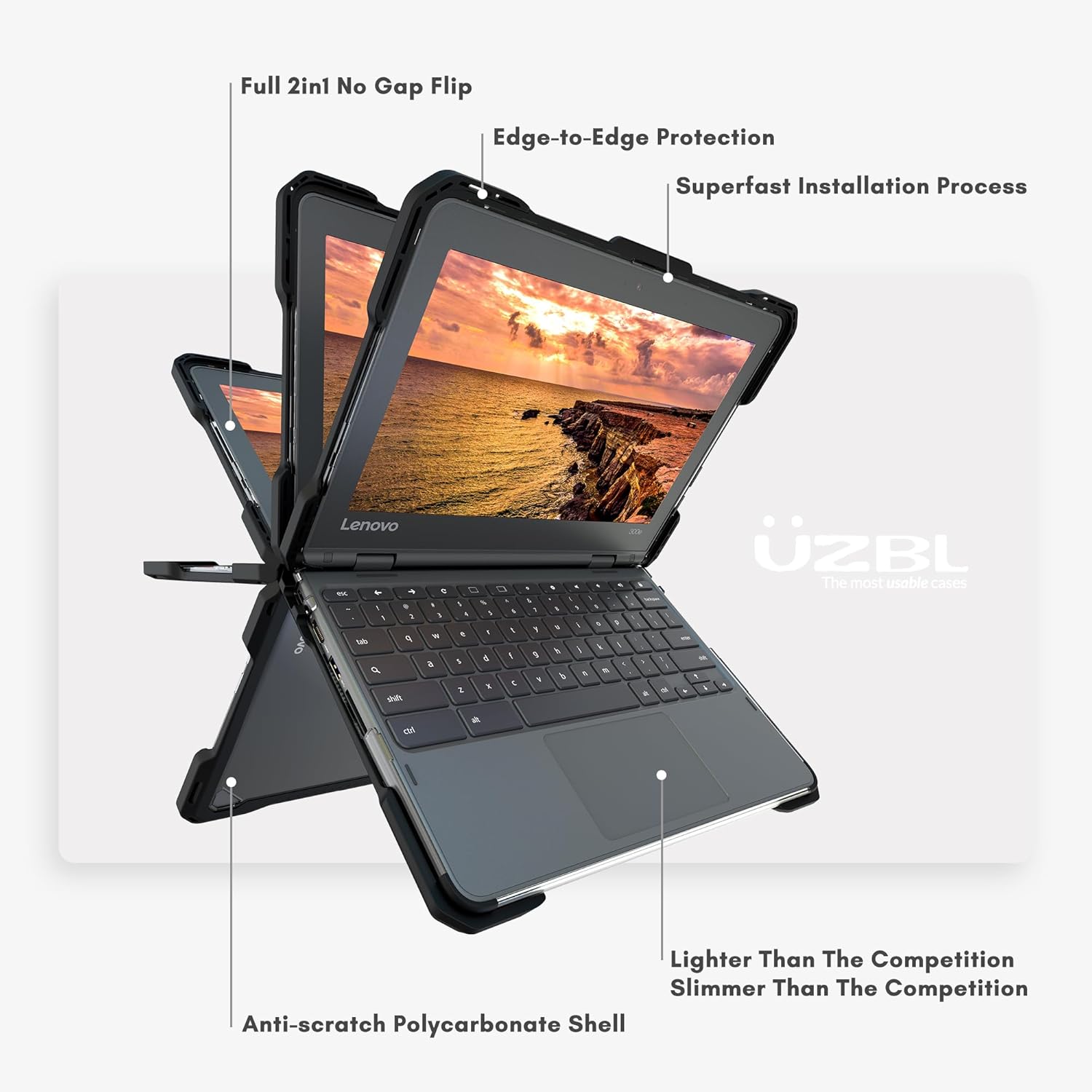 UZBL Case for Lenovo Chromebook 300e / 500e Gen 3 | Protective Hard Shell Polycarbonate Clear Case Cover | Student-Proof Rubberized Edge Protection