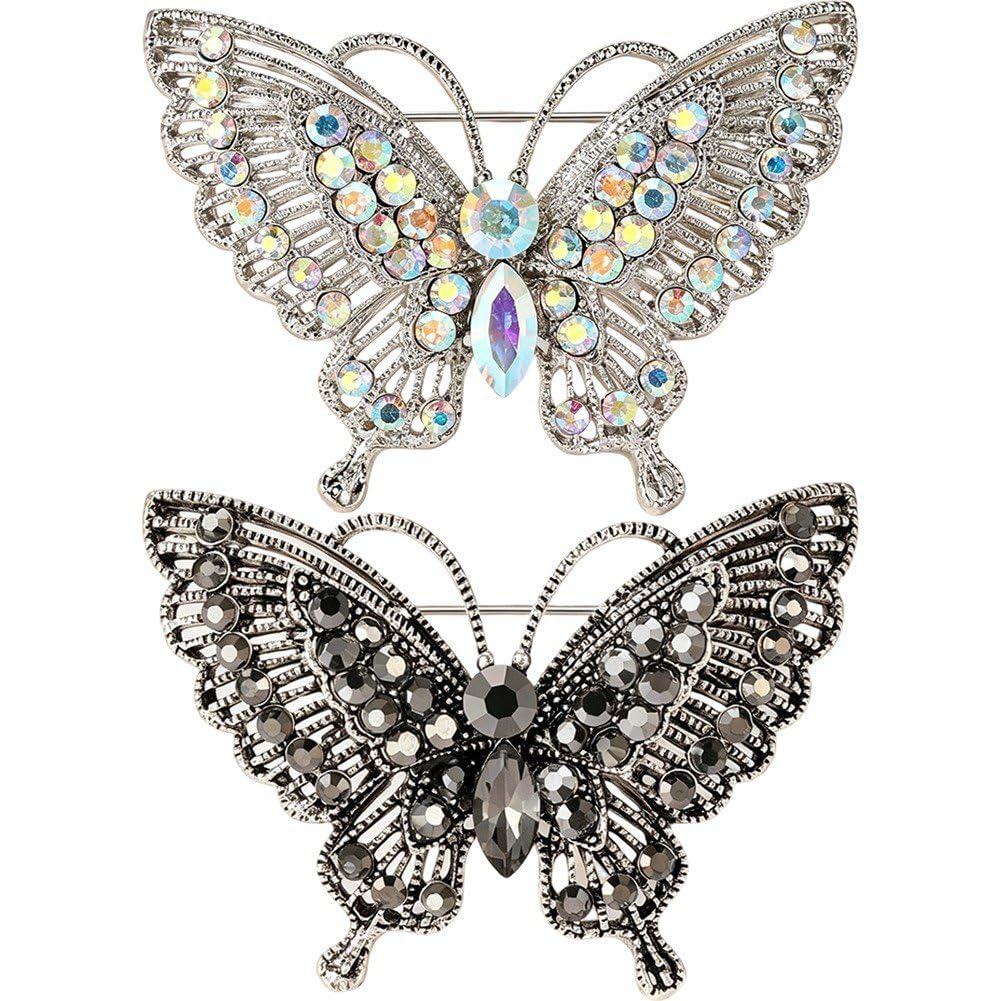 Sslvya 2 Pcs Rhinestone Butterfly Brooches Pins, Elegant Crystal Butterfly Lapel Pin Sparkly Animal Pins for Dress Scarf Jewelry Accessories