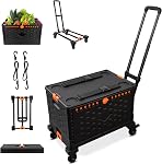 Chariot pliable + Panier à roulettes portable à grille collable avec roues rotatives durables, boîte de rangement pour camion à main avec poignée télescopique, 2 Straps élastiques pour le shopping, le bureau, le jardin