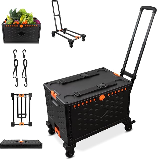 Chariot pliable + Panier à roulettes portable à grille collable avec roues rotatives durables, boîte de rangement pour camion à main avec poignée télescopique, 2 Straps élastiques pour le shopping, le bureau, le jardin