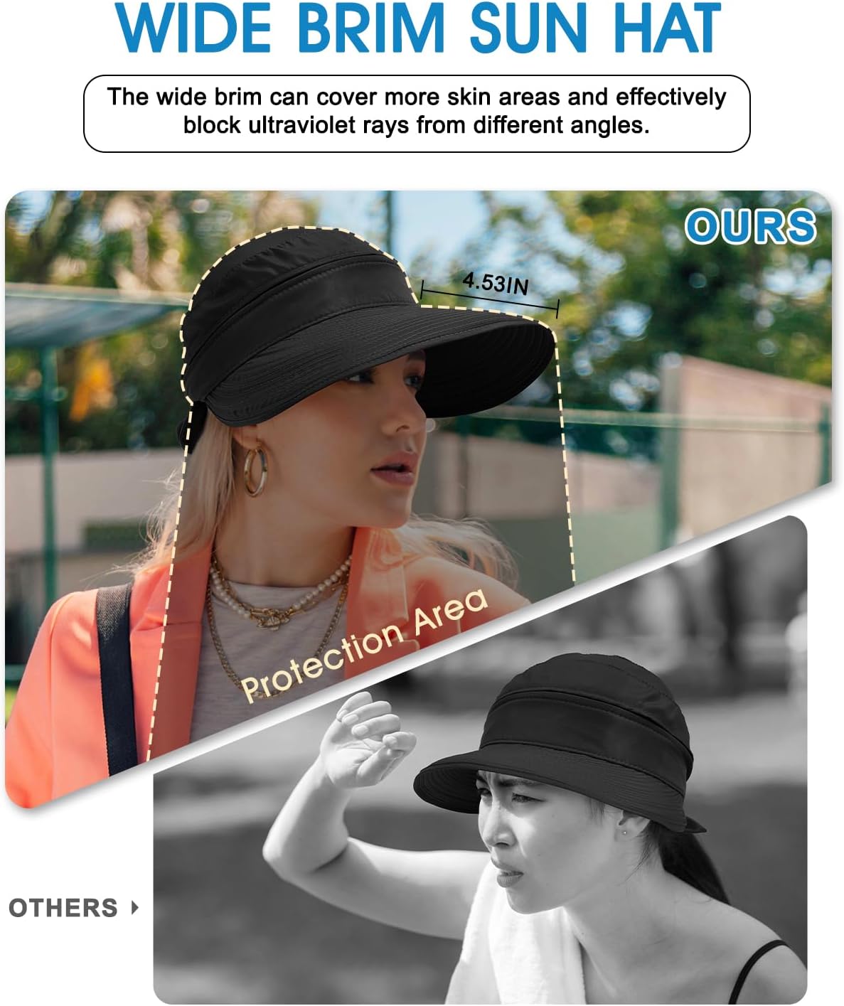 Century Star Sun Hat for Women Wide Brim Zip-Off Beach Hat Visor Ponytail UV Protection Summer Visors - Image 3