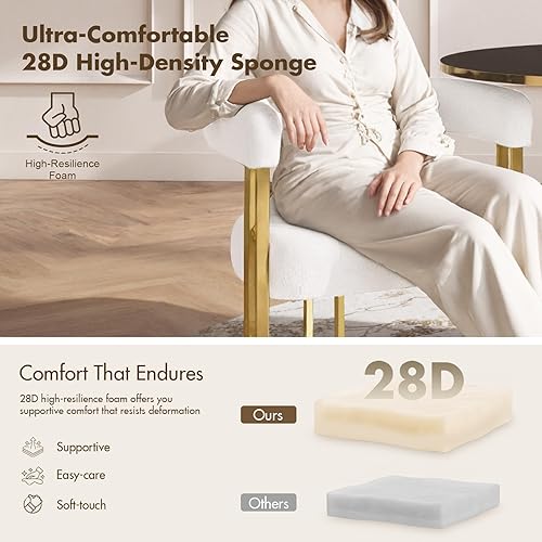 Miniatura 8 de Juego de 4 modernas sillas de comedor blancas Boucle con patas de metal dorado, sillones tapizados de barril de mediados de siglo con respaldo