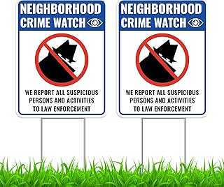2PC Neighborhood Crime Watch Sign with Stakes, 17 Inches by 13 Inches - Corrugated Plastic - We Report All Suspicious Persons And Activities To Law Enforcement