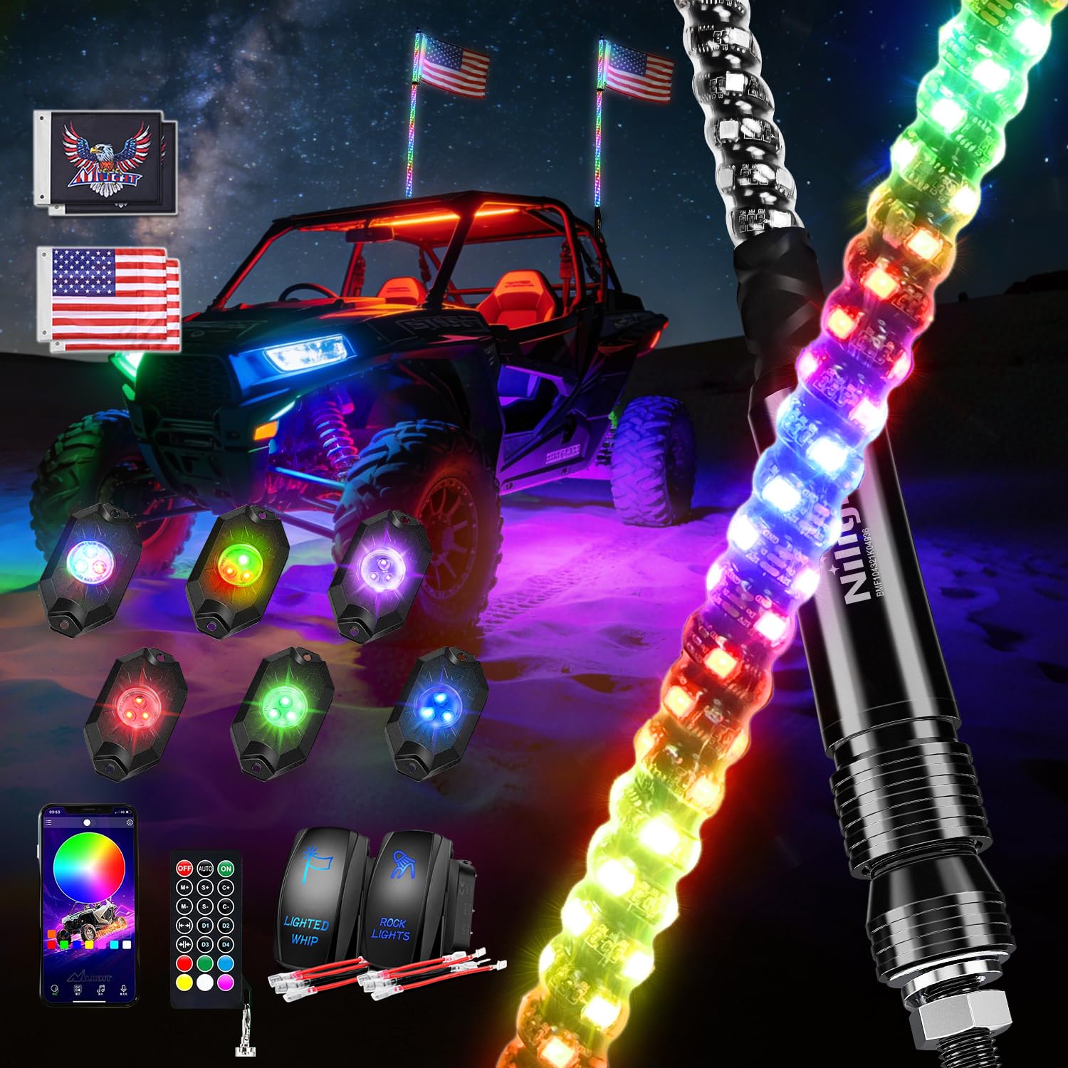 Nilight RGB LED Whip Light 2PCS 4FT with 6 Rock Lights Combo