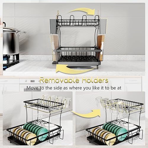 Miniatura 6 de Escurridor de platos con escurridor, escurridor de platos de 2 niveles con colgador de toalla (con 1 toalla de cocina), estante de metal para