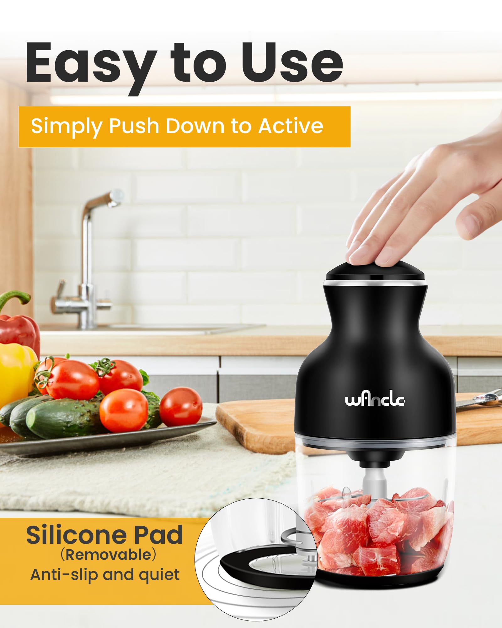 Wancle Picadora Eléctrica 350W, Picadora de Carne Multifuncional 600ML, Fácil de Limpiar, Silenciosa, Ideal para Cocinar en Casa (Negro)