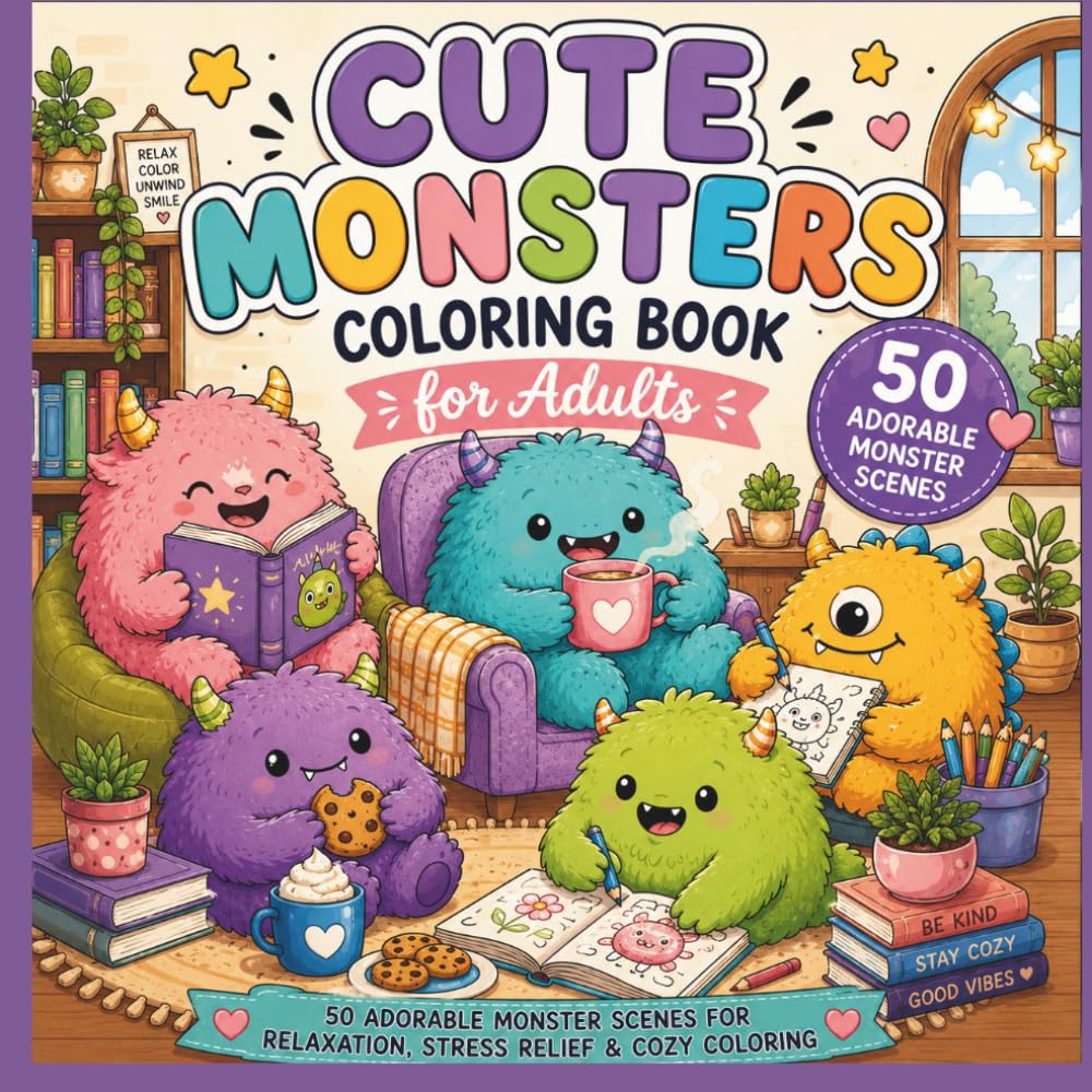 Cute Monsters Coloring Book for Adults: 50 Adorable Monster Scenes for Relaxation, Stress Relief & Cozy Coloring (Cozy Cuties Coloring Books)