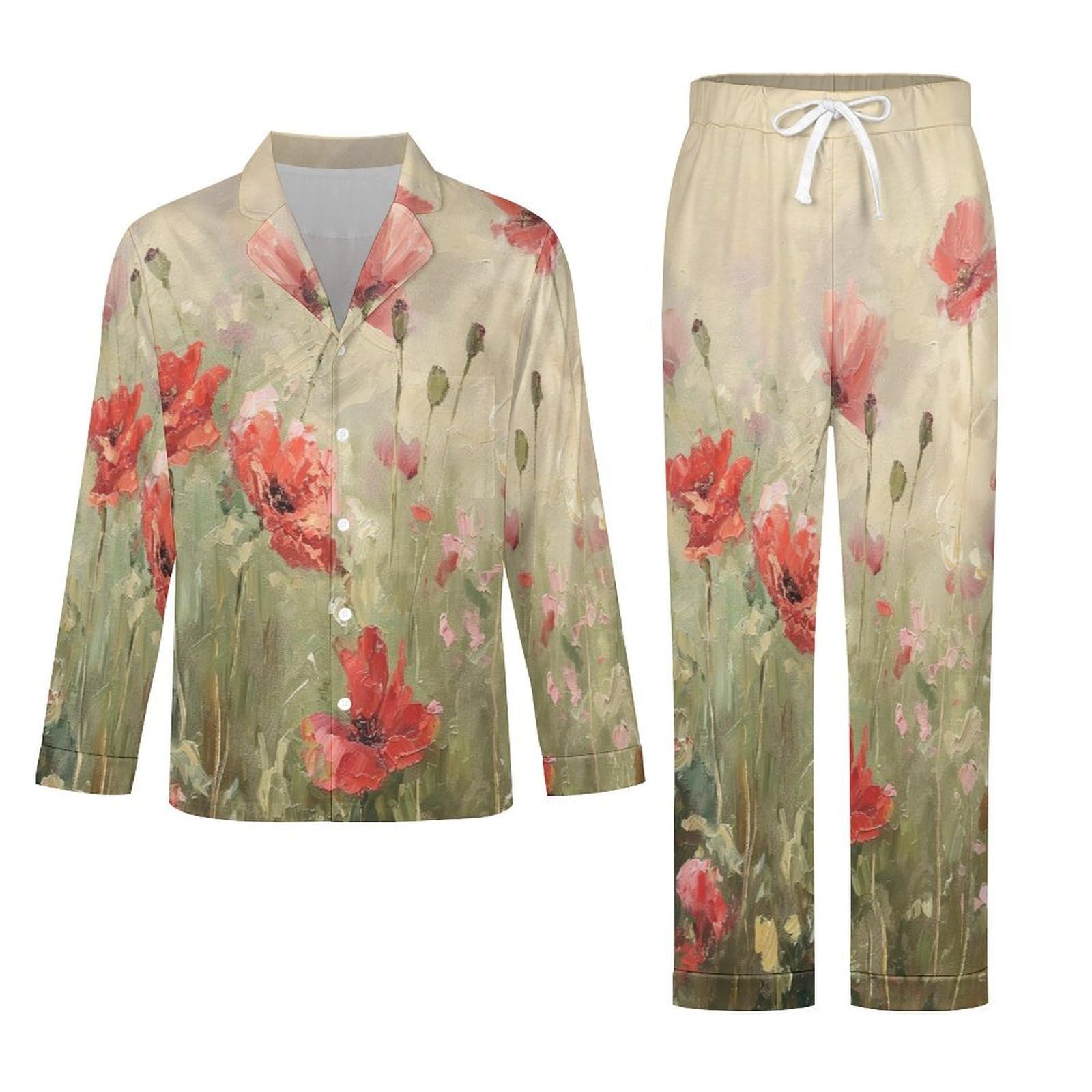 OLEETS Pigiama A Maniche Lunghe da Uomo - Fiori Rossi Pigiama Invernale Pantaloni Top Caldo Autunnale Traspirante Morbido 2 Pezzi Casual Ampio