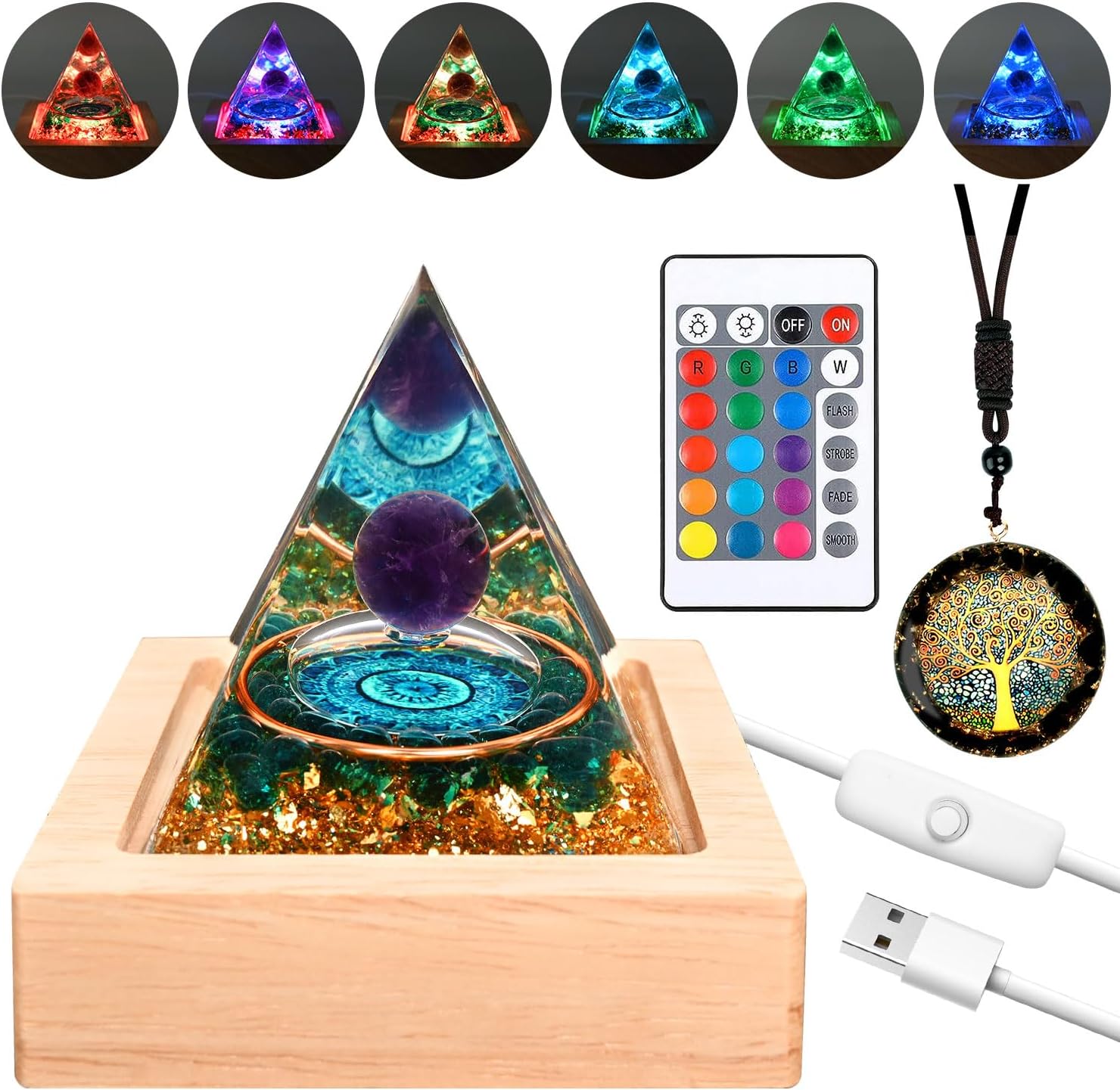 ZurligiOrgone Pyramid Tree of Life for Positive Energy, Amethyst & Citrine Chakra Orgonite Healing Crystal Pyramid for Wealth Success Lucky Meditation