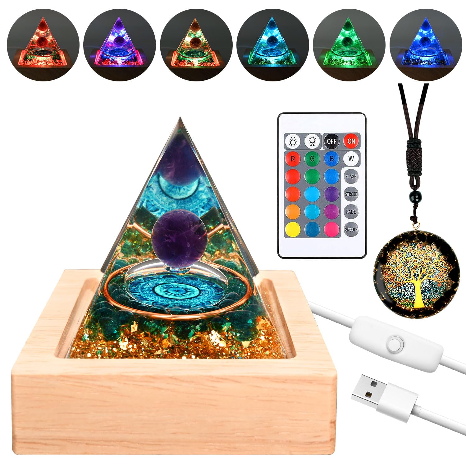 ZurligiOrgone Pyramid Tree of Life for Positive Energy, Amethyst & Citrine Chakra Orgonite Healing Crystal Pyramid for Wealth Success Lucky Meditation
