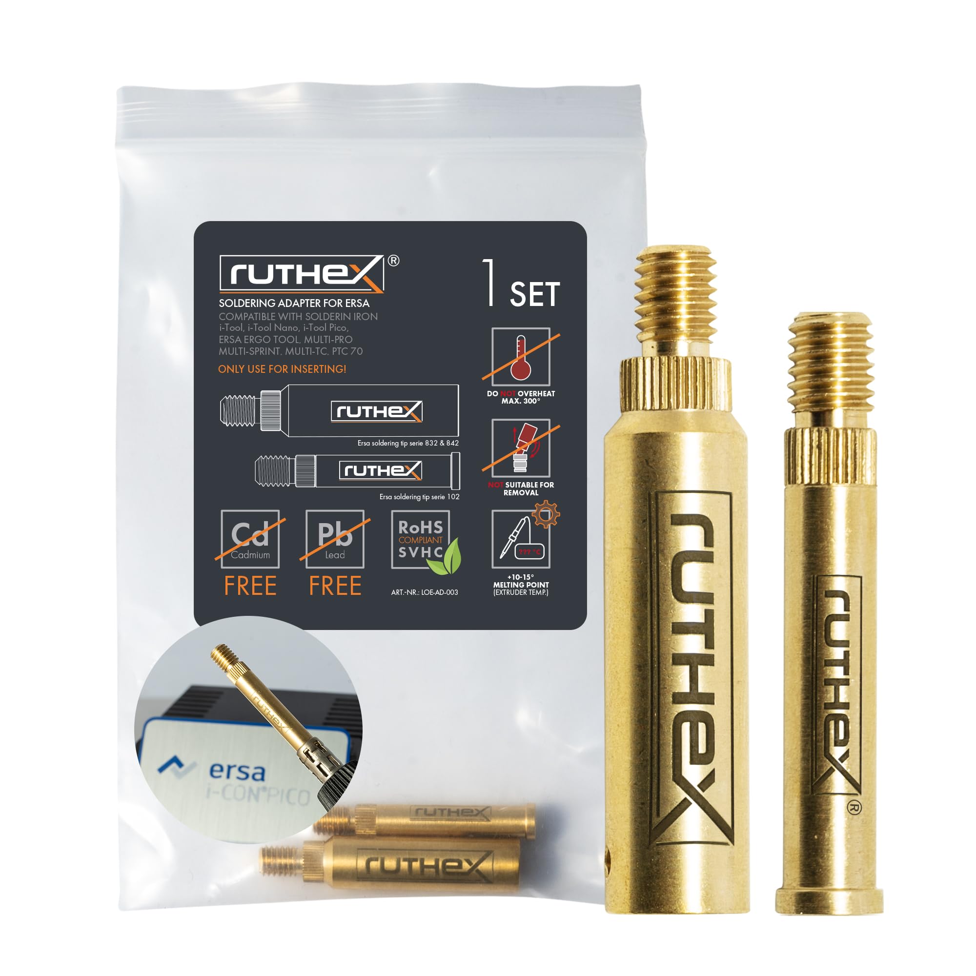 ruthex 2x Lötspitzen Adapter ERSA Serie 832, 842 & 102 - Lötkolbenspitze kompatibel mit ERSA Lötkolben i-Tool Pico, PTC 70 für ruthex Lötspitzen zum Einsetzen von Gewindeeinsätzen im 3D-Druck