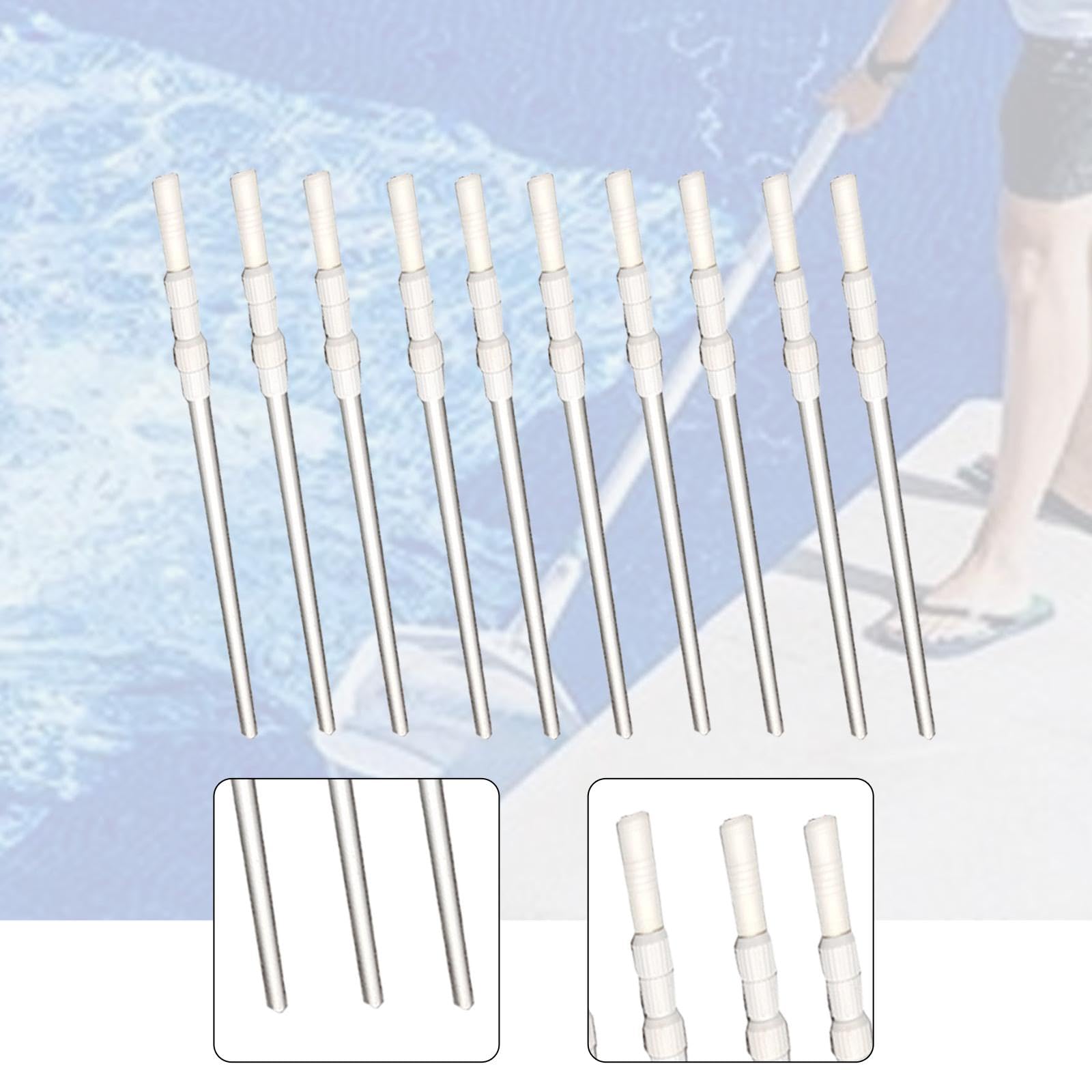 Paquete de 10 Varillas Telescópicas para Limpieza de Piscinas, Ligeras, Retráctiles Y de Longitud Ajustable para Aspiradoras Y Rastrillos de Uso Comer, Plata