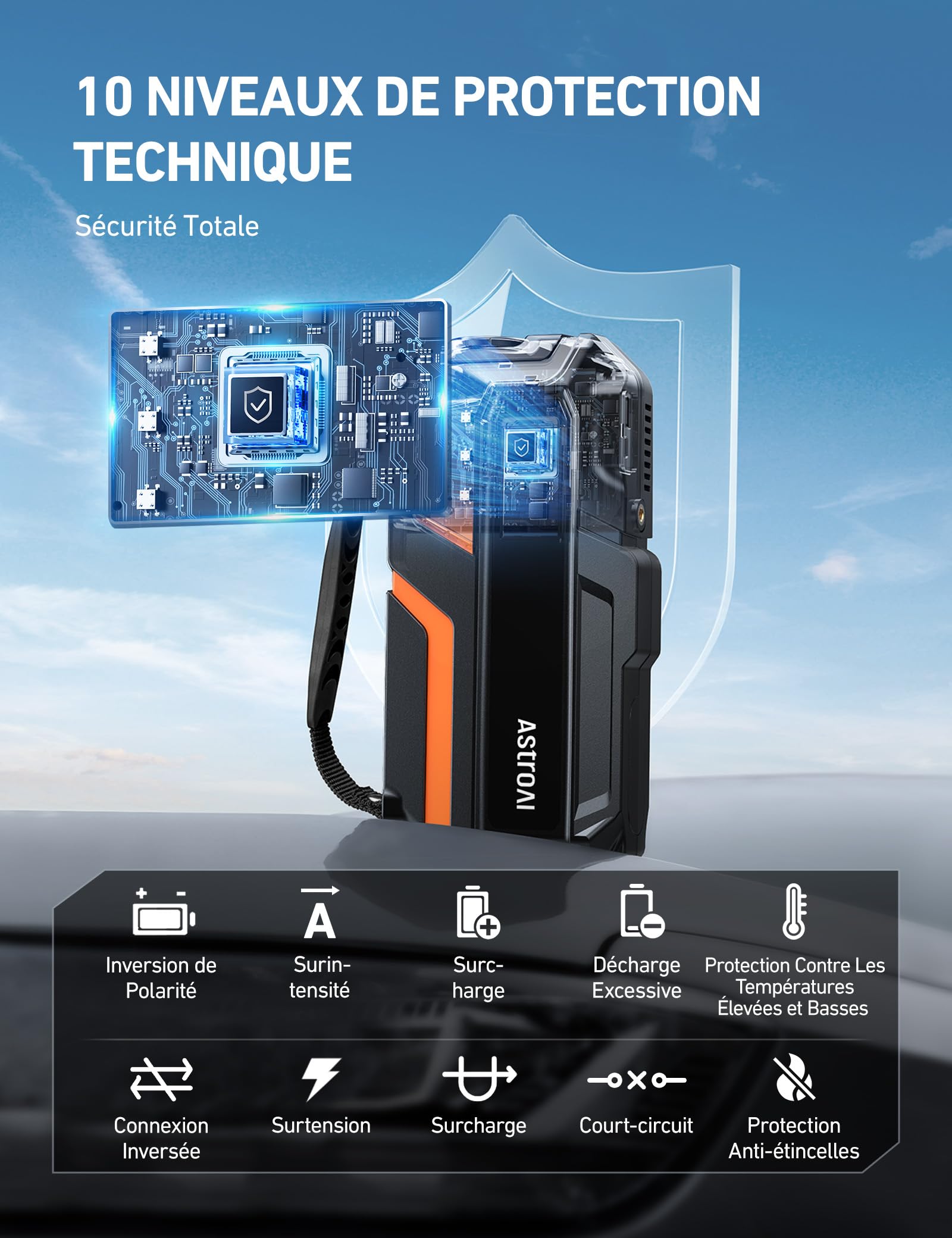 AstroAI Booster Batterie Voiture 6000A Démarreur avec Compresseur à Air | 150PSI 12V 10L Essence/8 L Diesel, Ecran LED Pinces de Sécurité Facilité d'Utilisation Compact pour Voitures Motos SUV Orange