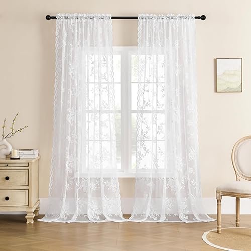 Miniatura 2 de 2 paneles de cortinas traslúcidas de encaje de 72 pulgadas de largo, cortinas florales blancas para sala de estar, dormitorio, bolsillo para