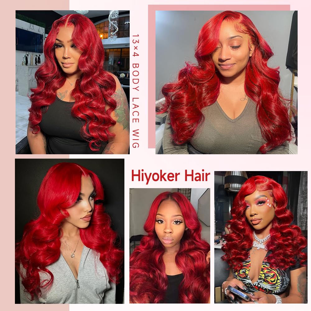 Red Wig Human Hair 200 Density Lace Front Wig, Body Wave 13x4 HD Lace Frontal, Pre-Plucked, Glueless, 22 Inch