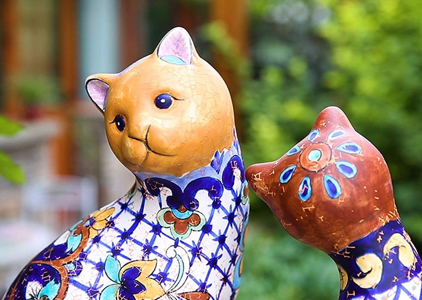 Statuetka kota ogrodowego, na zewnątrz, rzeźba, dekoracja, ceramiczny, malowany kot, zwierzę, dziedziniec, balkon, wystawa