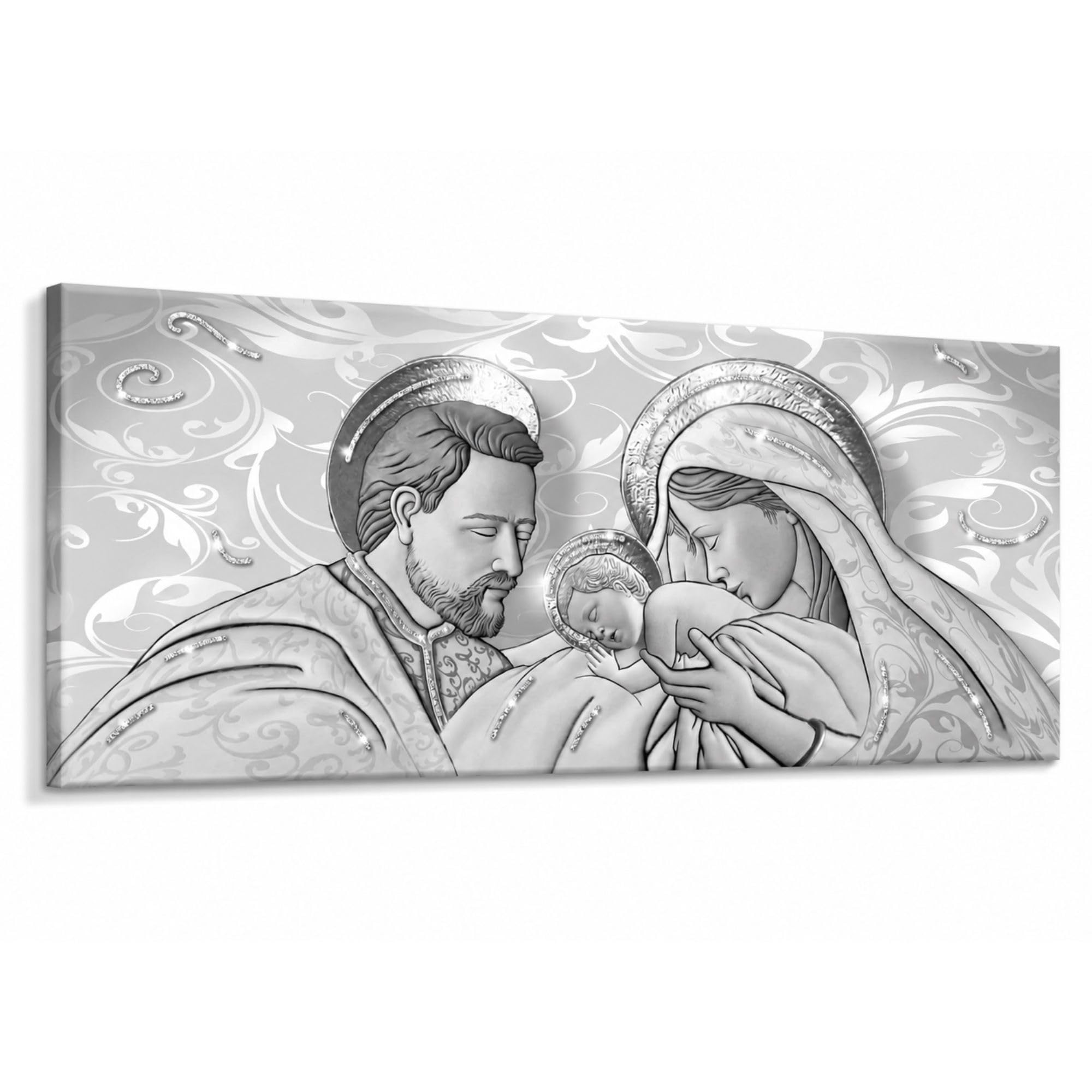 Lupia - Quadro Moderno Sacra Famiglia, su tela poliestere con brillantini Glitter, Natività BRILLANT 52x122 cm THE KISS SHABBY GREY, Adatto per Soggiorno e capezzale Camera da Letto, Grigio