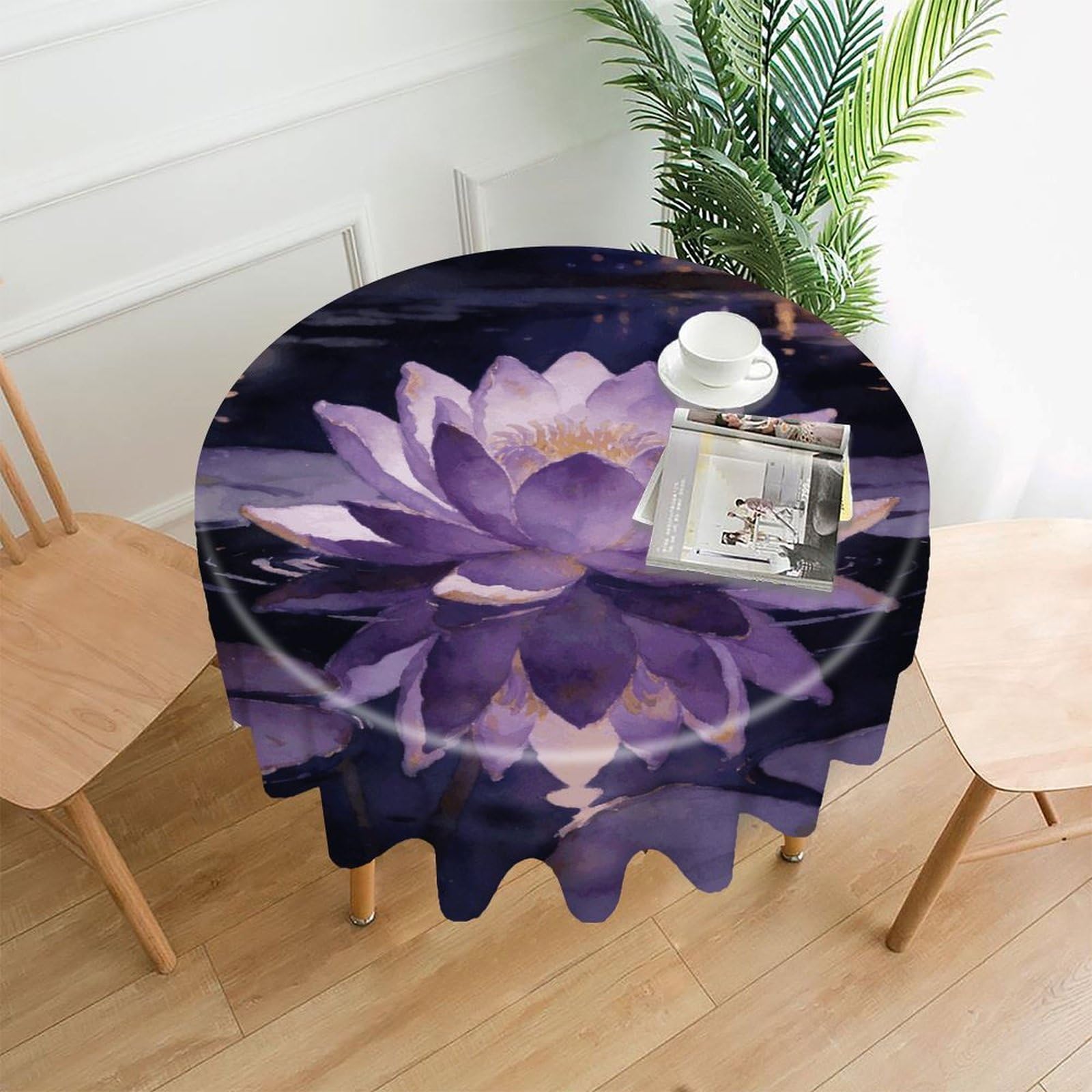 LZQPOEAS Night Lotus Gazing at Stars Tablecloth Easy to Clean Polyester Round Table Cover Washable Round Table Cloth Wrinkle-Free Circle Decoration Tablecloth for Kitchen and Dining Room 60"