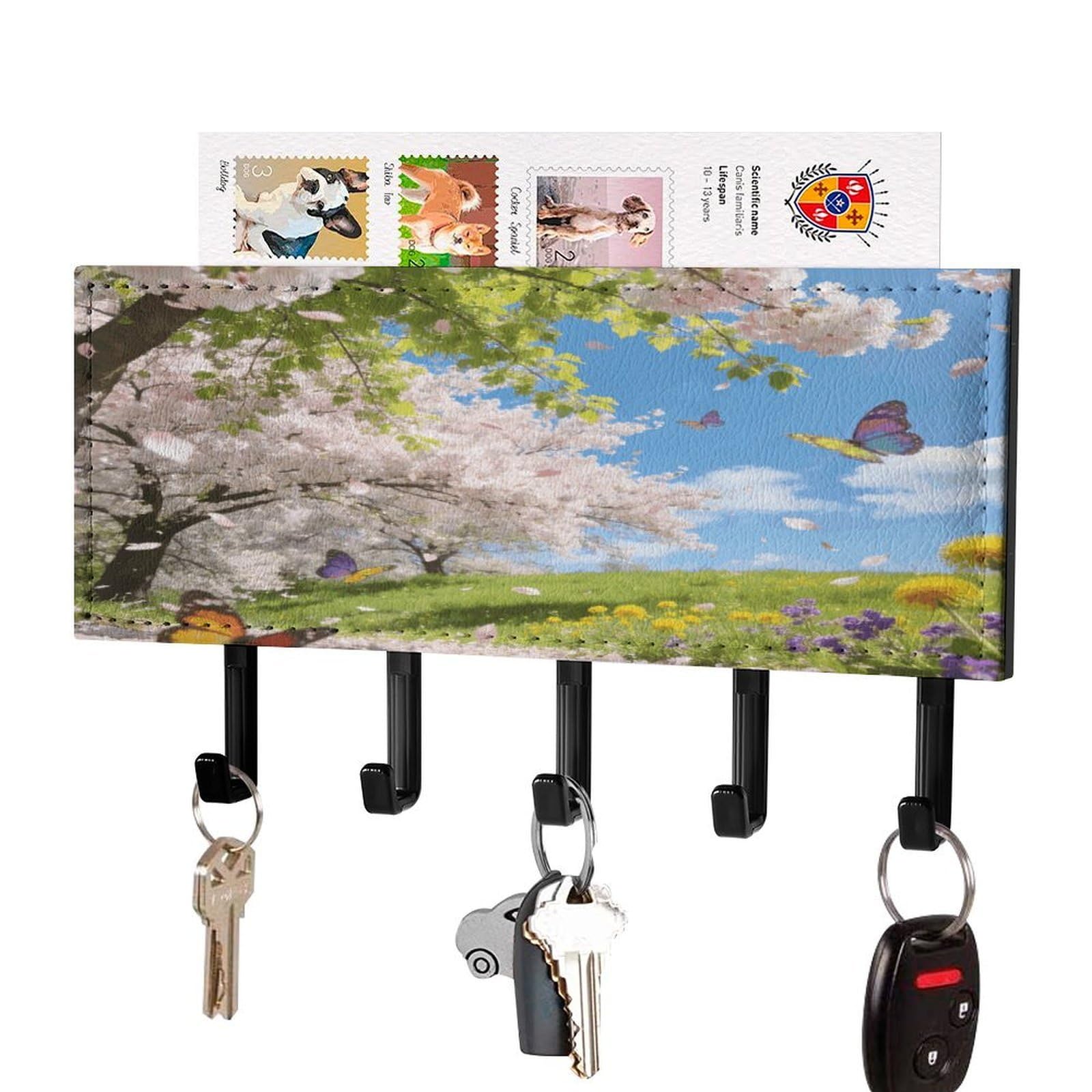 Vstadank Black-Style Printemps Key Holder Wall Mount Pu Key Rack Decorative Key And Mail Holder Wall Key Organizer With 5 Key Hooks Key Hanger For Entryway Kitchen Living Room Office Doorway Decor Black