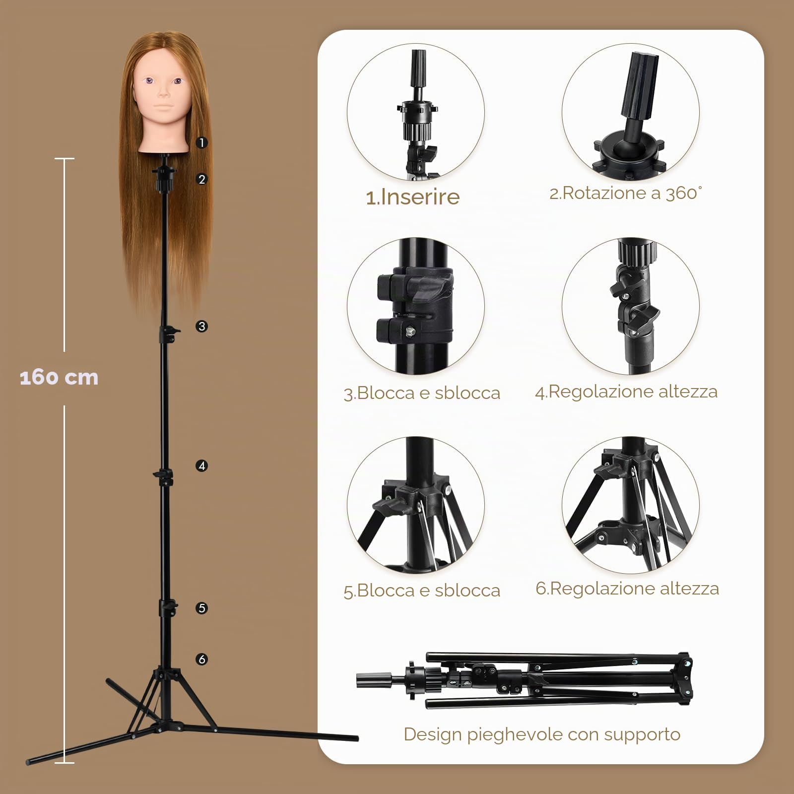 Neverland Beauty Testa per Parrucchieri con Treppiede 60% Capelli Umani Veri 71cm Testa Bambola da Truccare e Pettinare con Morsetto