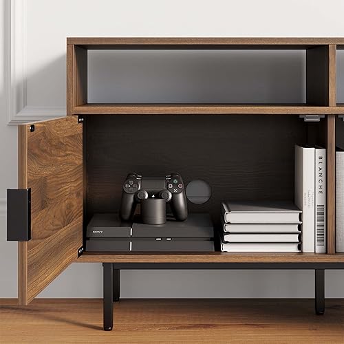 Miniatura 5 de Nathan James Izsak - Consola multimedia de madera, soporte de TV, gabinete de entretenimiento con puertas de espiga y almacenamiento de cubo en un