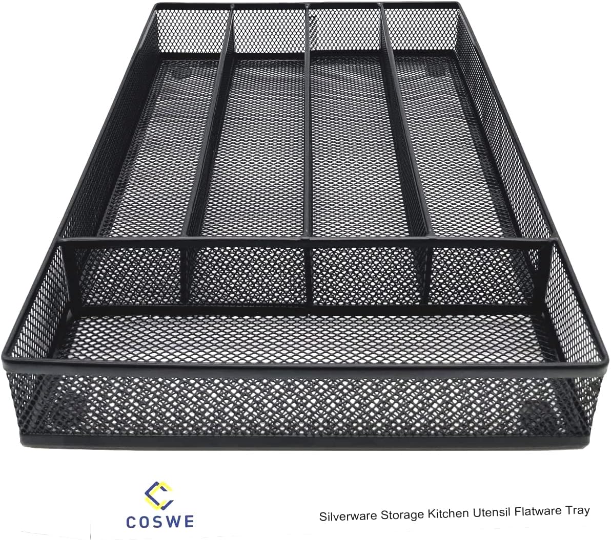 COSWE Silverware Tray for Drawer, Silverware Organizer, Metal Drawer Organizer Kitchen Utensils with Foam Feet Multi Compartments Cutlery Organizer in Drawer (BLACK)