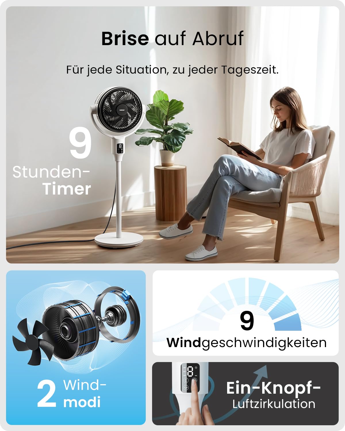 Pro Breeze AirFlo Plus Standventilator 111 cm 75% stärkerer Luftstrom 5 Doppelrotor-Blätter leise 29 dB 2-in-1 Stand- & Tischventilator 85°+135° Vortex-Oszillation Fernbedienung