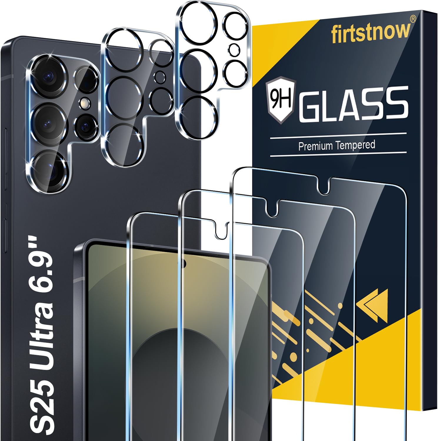 3 Pack Glass Screen Protector for Samsung Galaxy S25 Ultra [6.9 inch] + 3 Pack Camera Lens Protector, 9H Tempered Glass, Fingerprint Unlock, HD Clear Case Friendly Anti-Scratch