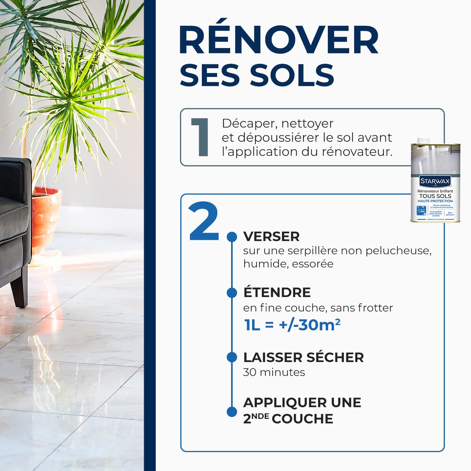 STARWAX Rénovateur brillant protecteur pour sols intérieurs 1L | Protège et fait briller carrelage PVC parquet stratifié et terres cuites, estompe les rayures, non glissant, rendement 30m²/L