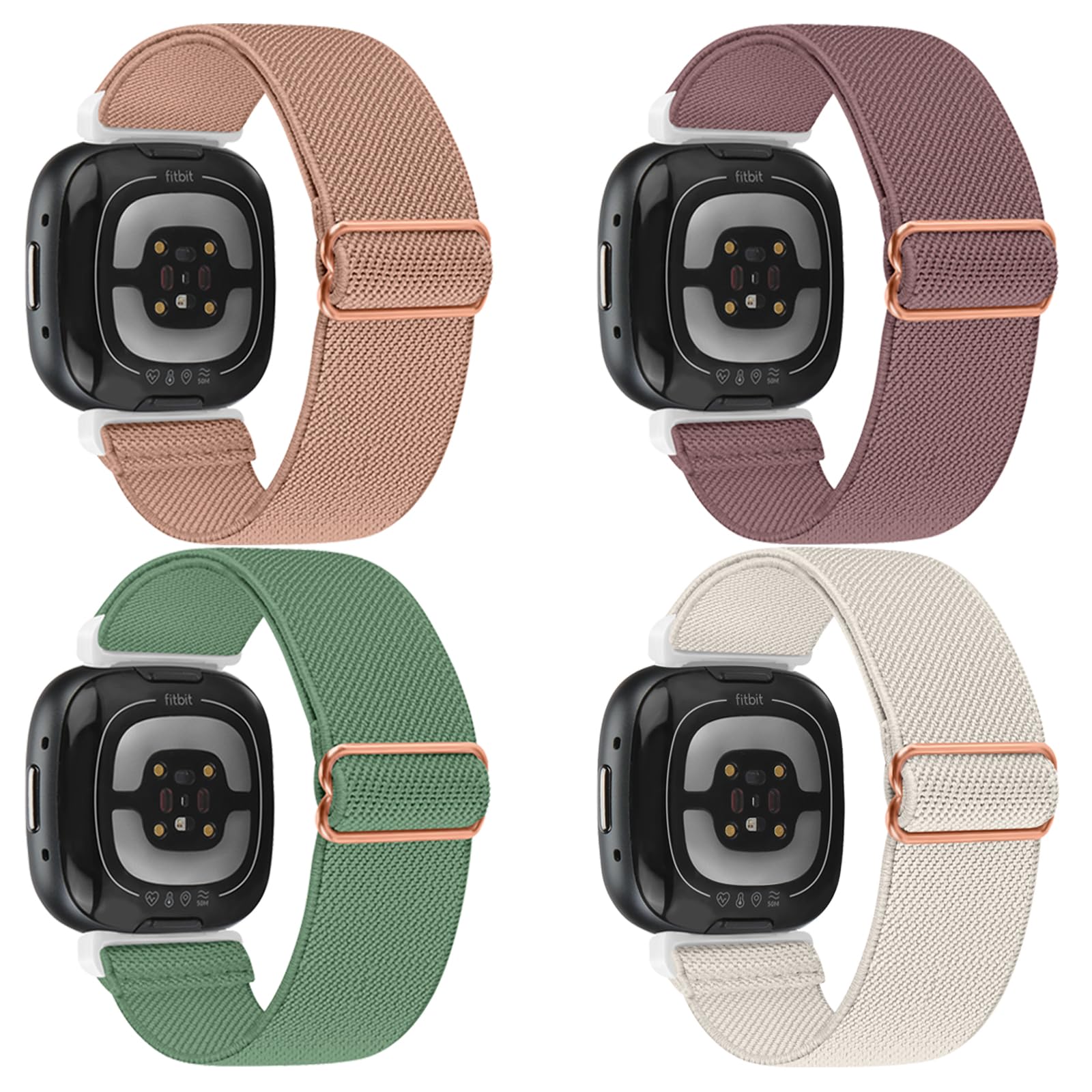 HUYIIO 4 Pack Adjustable Straps Compatible with Fitbit Versa 4/Fitbit Versa 3 Strap/Fitbit Sense 2/Fitbit Sense Strap,Soft Breathable Nylon Sport Band Stretchy Replacement Wristband For Women Men