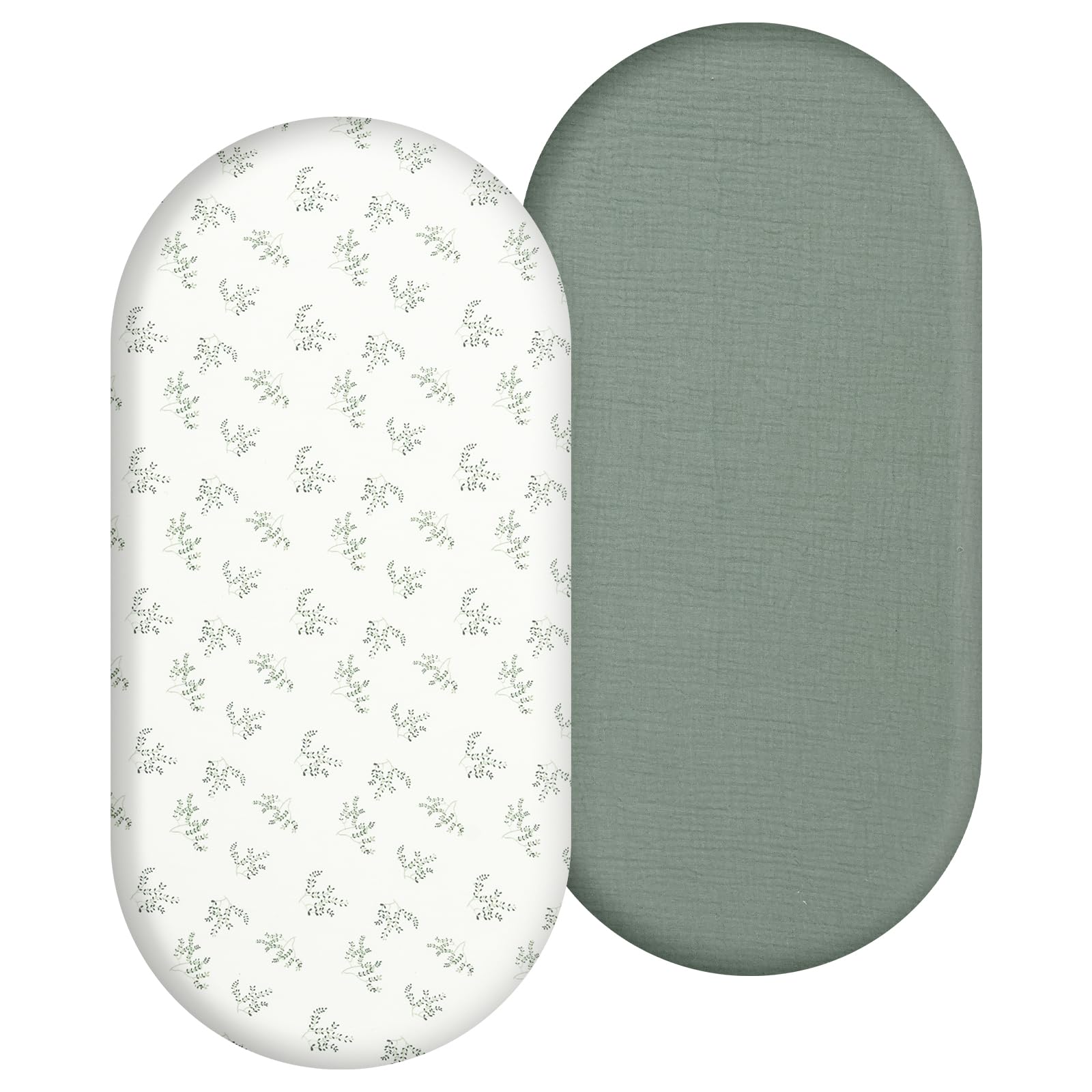 Lulobtg Men's White+Green 2 Pack Moses Basket Fitted Sheets, Breathable Newborn Pram Sheet, Washable Muslin Bassinet Sheet, Baby Crib Cradle Matress Cover Fit For Oval, Hourglass & Rectangle Boy And Girl(White+Green)