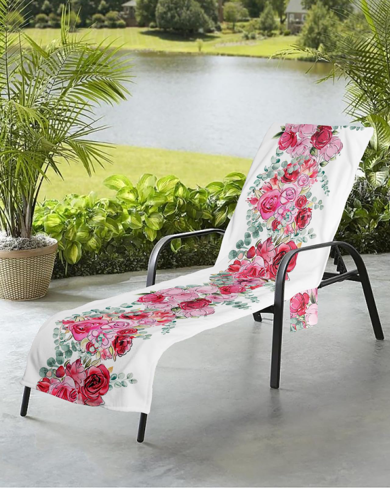Valentine's Flower Beach Chair Towel Covers for Chaise Lounge with Side Pocket, Soft Plush Pool Towels Cover for Patio Sunbathing Outdoor 29''x85'' Romantic Rose Floral Eucalyptus Leaves
