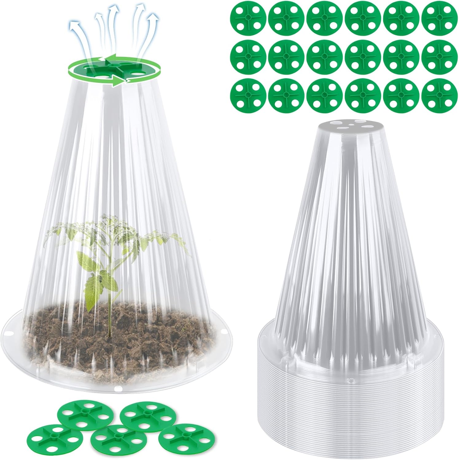 UQM 50 Pack Garden Cloches for Plants, Reusable Bell Plant Protector with Rotary Vent Cover, Garden Protection from Animals Snails Birds Chickens Insect, 9.44" H X 8.07" D (Clear) Clear-50pc