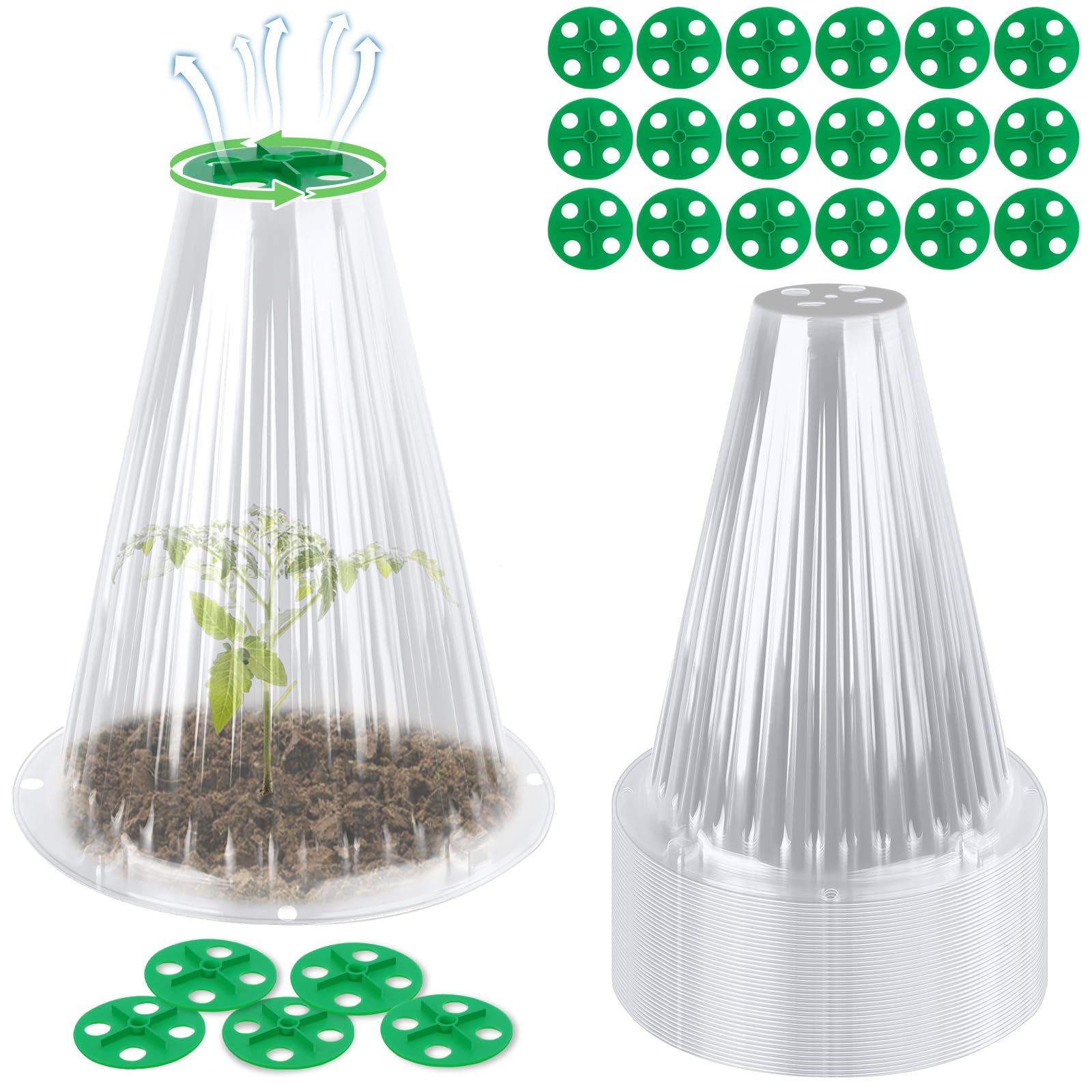 50 Pack Garden Cloches for Plants, Reusable Bell Plant Protector with Rotary Vent Cover, Garden Protection from Animals Snails Birds Chickens Insect, 9.44" H X 8.07" D (Clear)