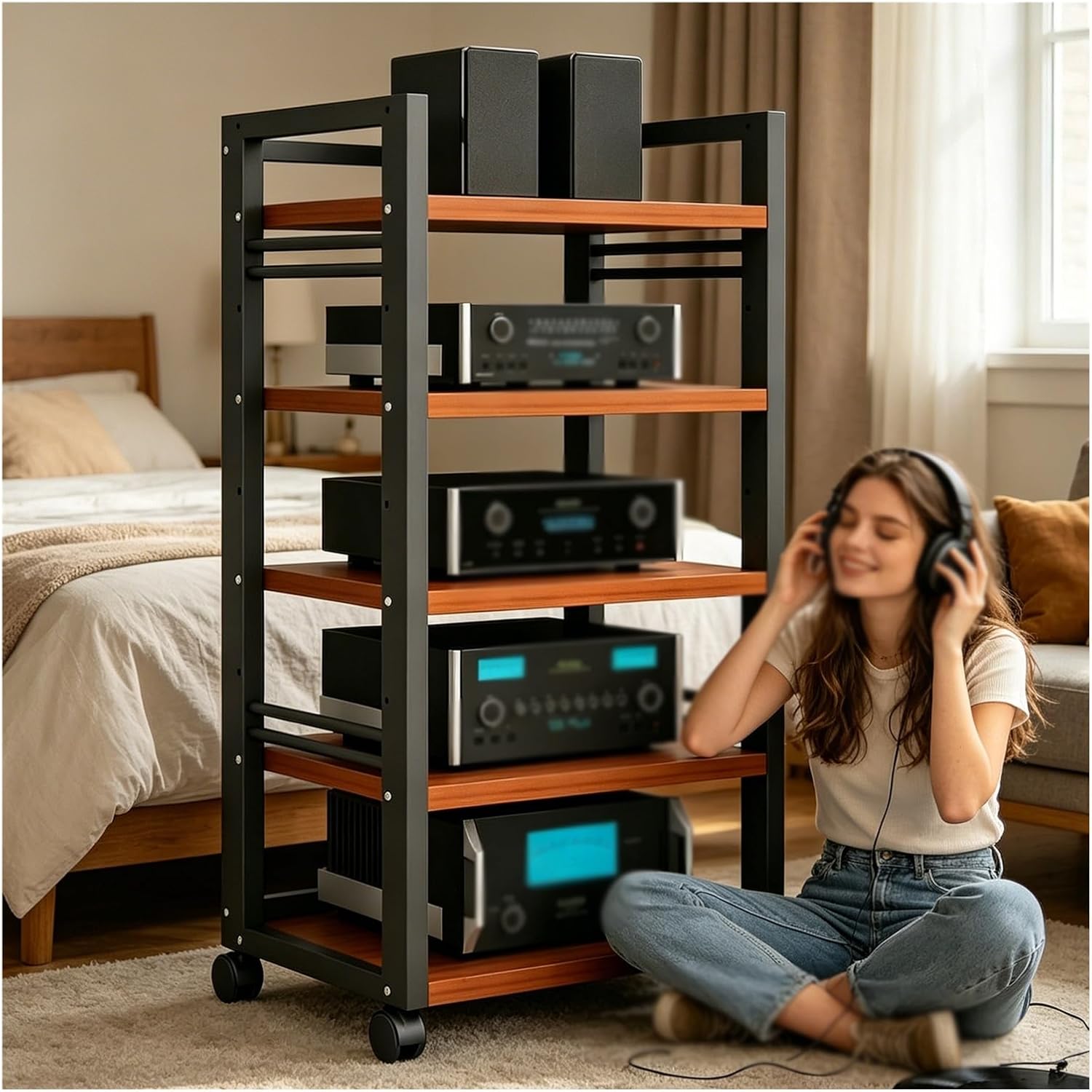 5-Tier AV Media Stand with Wheels,Adjustable Audio-Video Shelving, Modern Stereo Cabinet Receiver Console Shelf, Audio Component Rack for Home/Office/Theater(Teak)