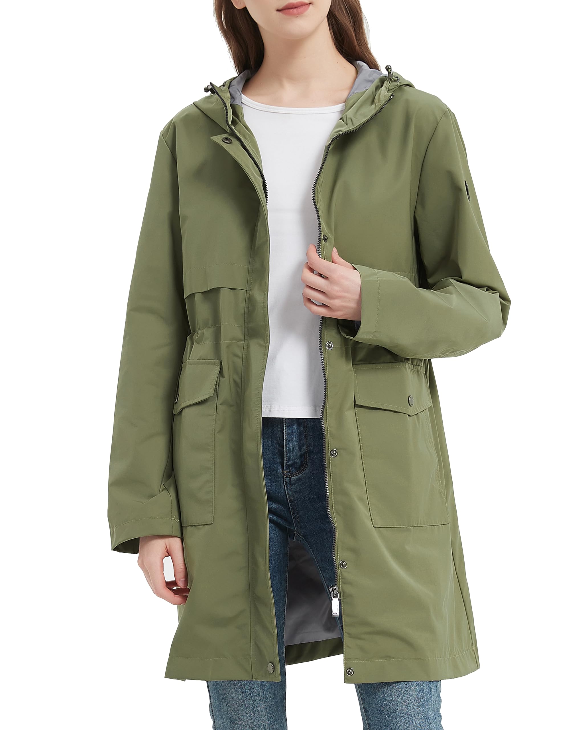 Rageman Women's Olive Water Resistant Jacket, Hooded Outdoor Lightweight Parka Style Breathable Hiking Camping Coat, Windproof Outwear