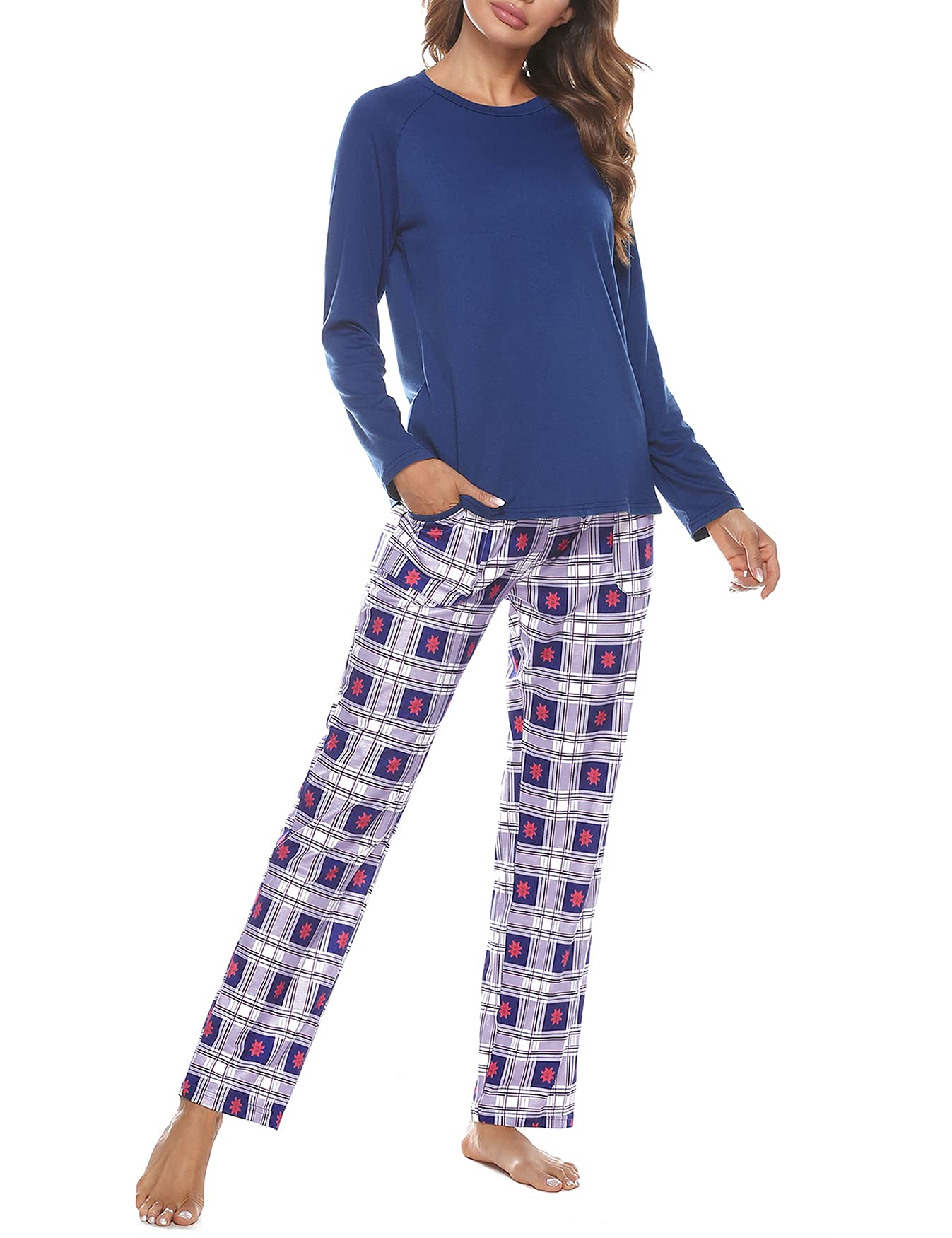 Uniexcosm Pigiama Donna, Pigiama a Quadri Donna Lungo Pigiama da Donna Cotone Leggero con Girocollo Pigiama 2 Pezzi Donna con Tasca Sciolto Accogliente per Casa e Casuale