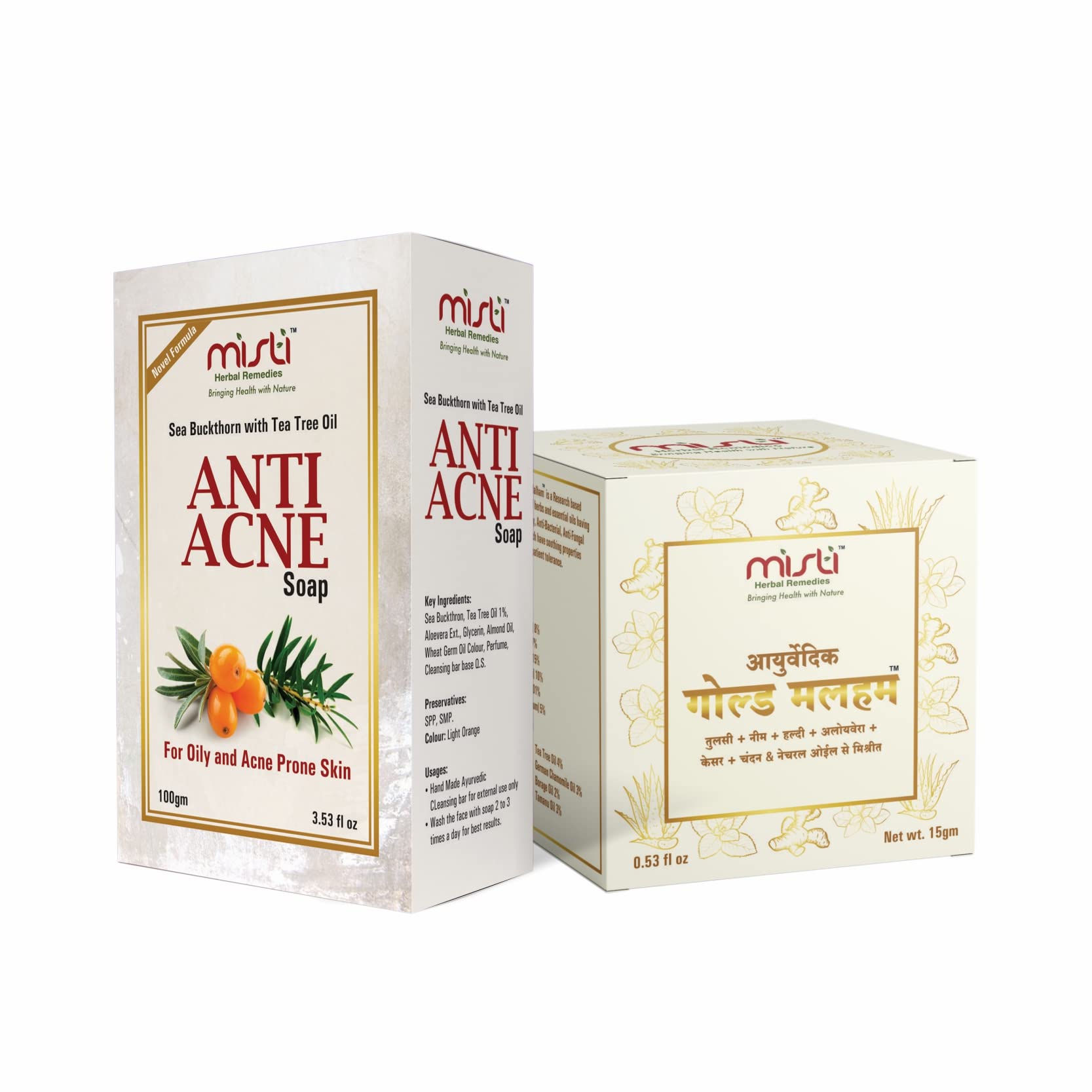 - Misti Anti Acne Cleansing Bar & Ayurvedic Gold Malham (Ointment) - 75gm & 15gm | Removes Scars, Blemsihes & Dark Spots | For Fungal Infections | Helps in Pigmentation | For Men & Women
