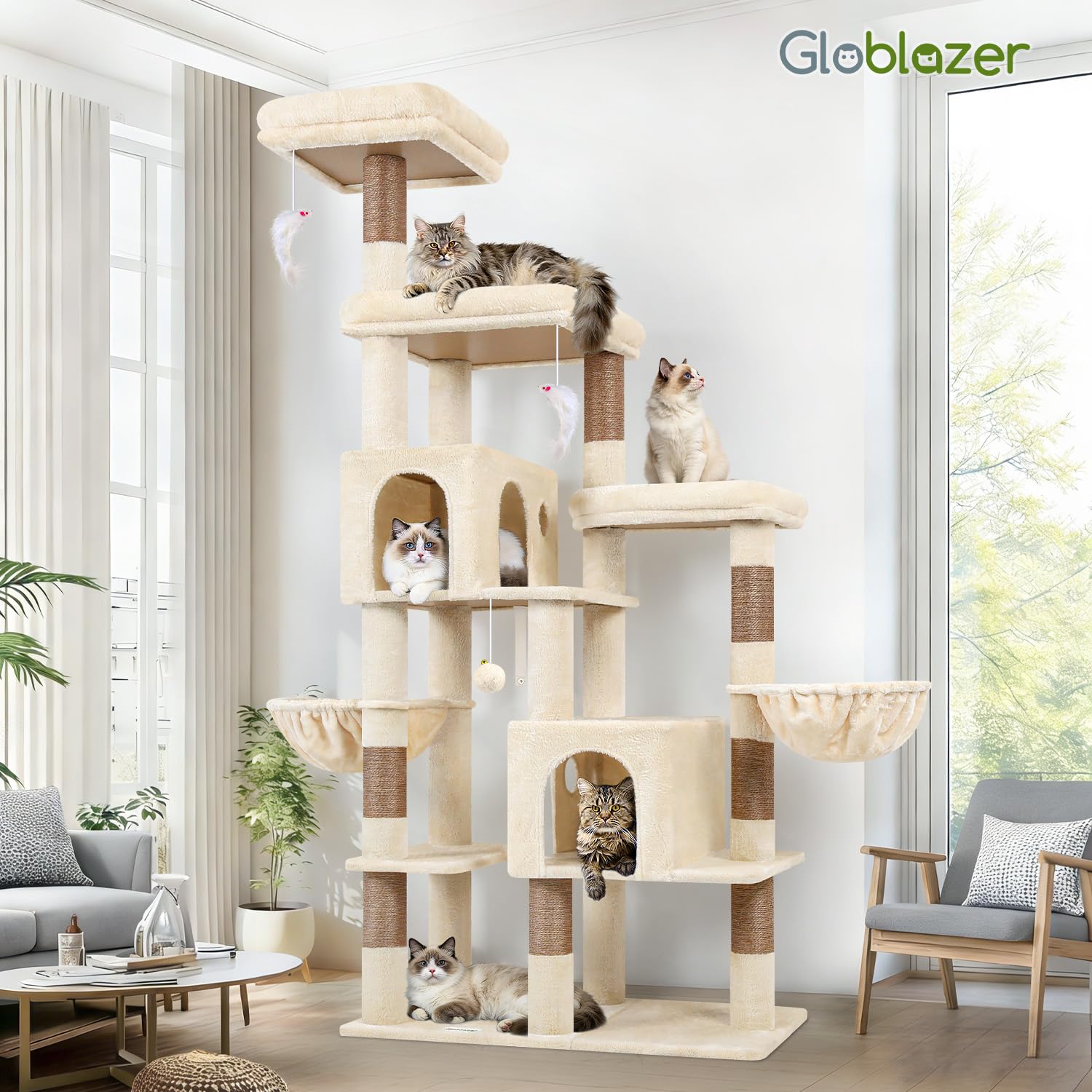 Globlazer Árbol Rascador para Gatos Grande Beige 189 cm Alto con 2 Nidos Grandes 45*30CM, 3 Plataforma Acolchada, 2 Cesta, Juguetes de Peluche, Estable Rascador para 3-5 Gatos Interior (F74F, Beige)