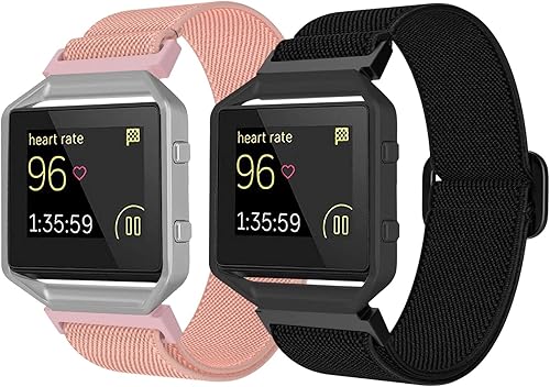 Paquete de 2 bandas elásticas compatibles con Fitbit Blaze para hombres y mujeres, correas trenzadas de nailon ajustables con marco de metal