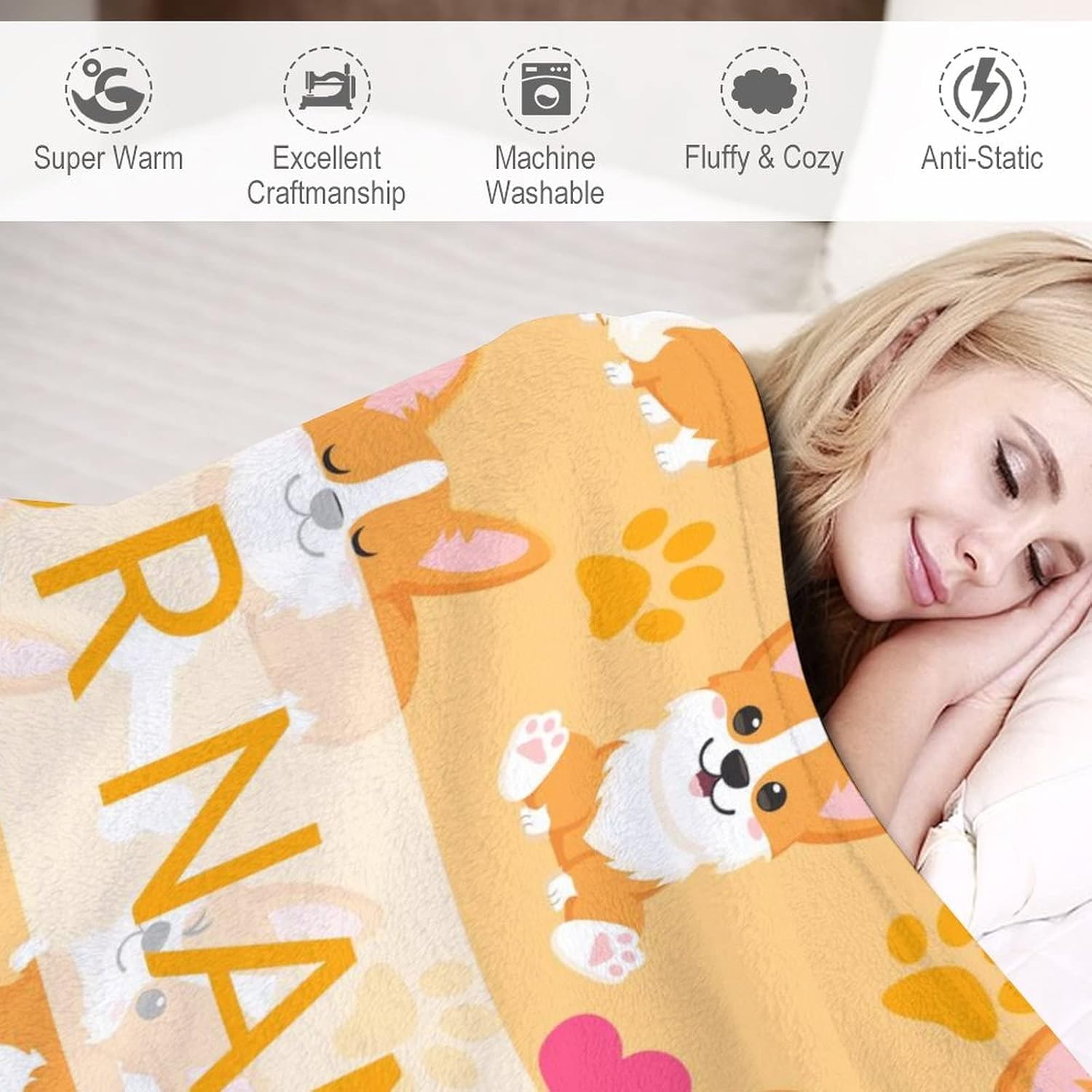 Custom Corgi Blanket for Girls - 50x60 Inches Throw Size with Name - Soft Fuzzy Plush Throws Gift - Light Orange Funny Blanket for Bed, Couch, Sofa