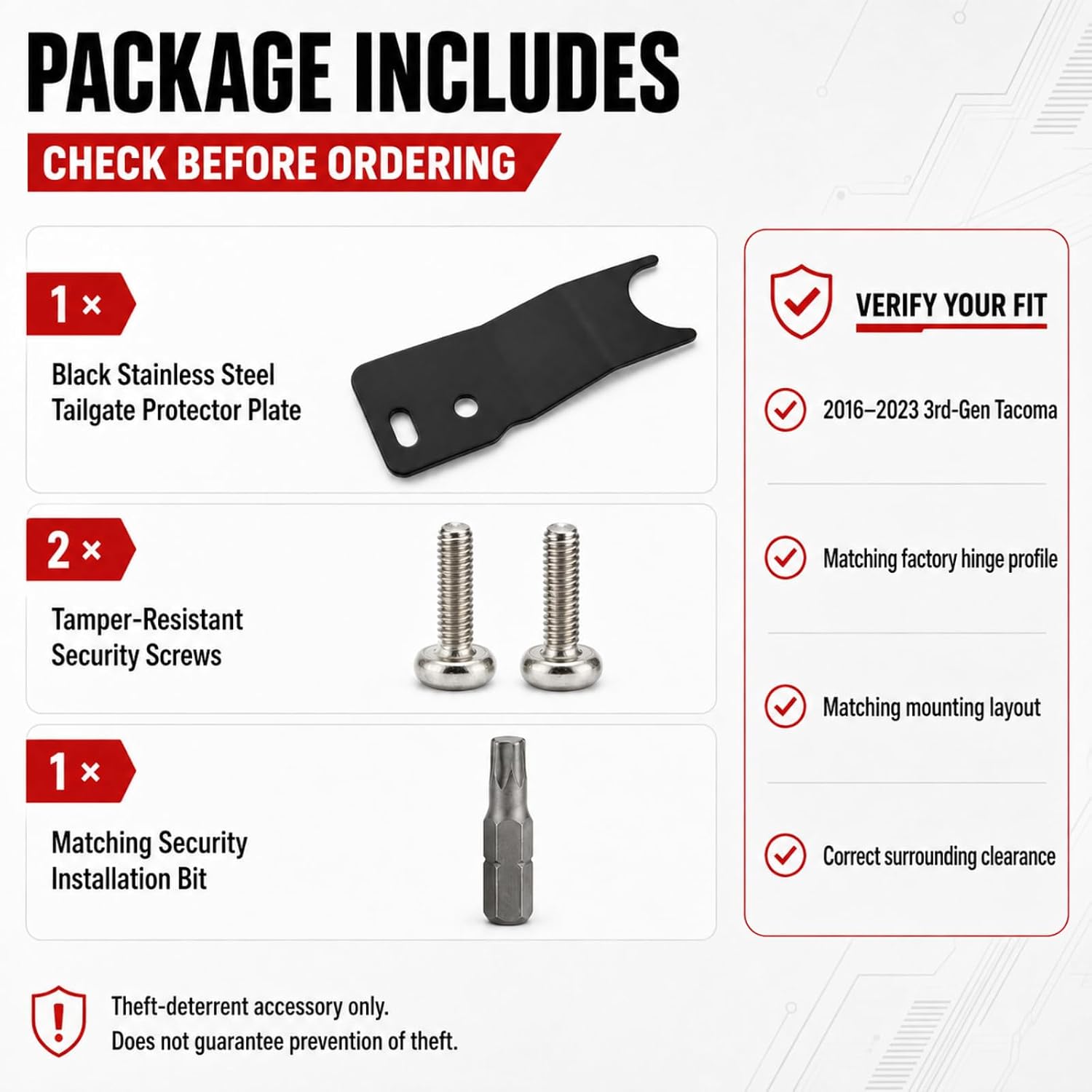 Tailgate Anti-Theft Bracket Compatible with 2016-2023 Toyota Tacoma, Passenger-Side Hinge Protector with 2 Security Bolts and Torx Bit, Black