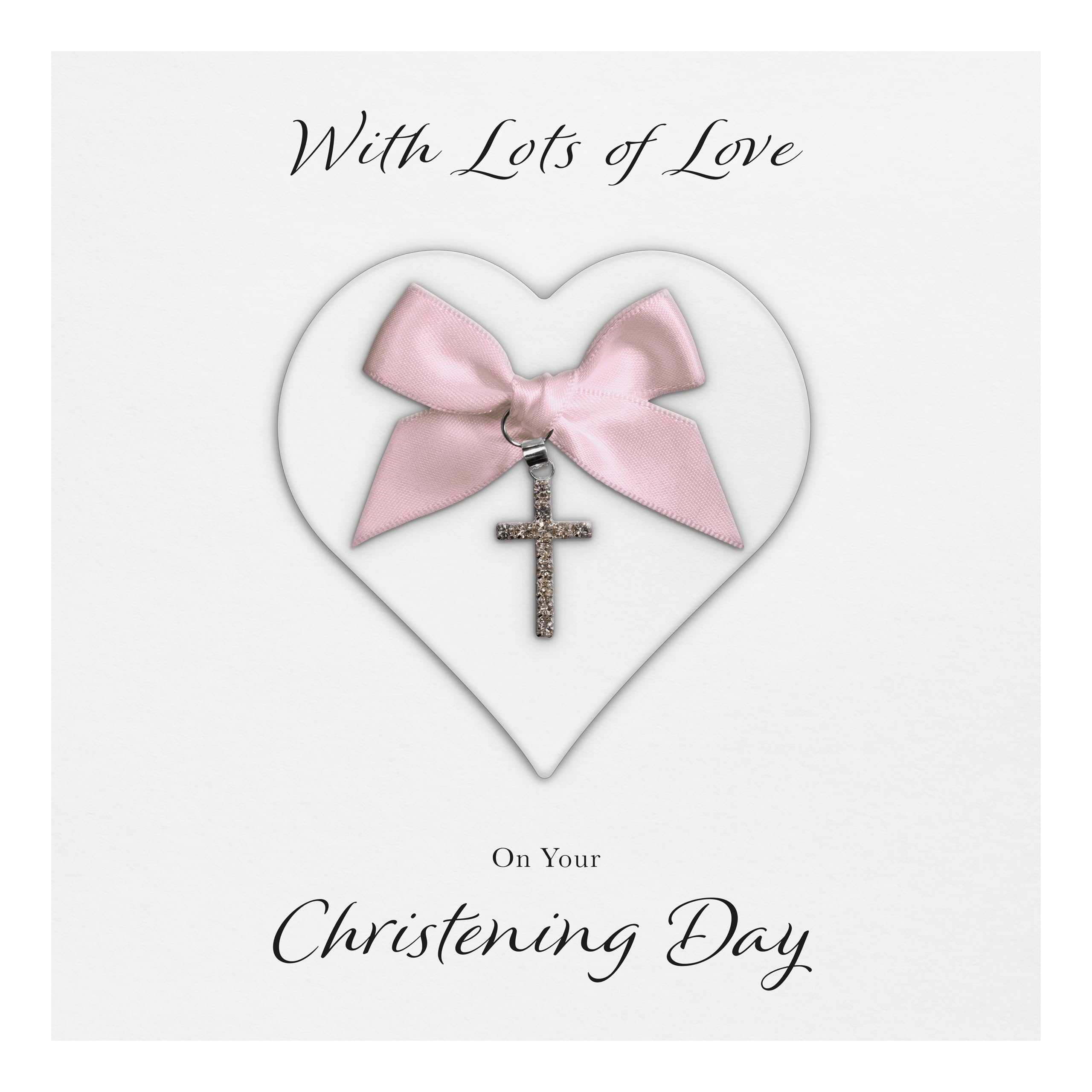 Christening Card "Diamanté Cross Charm & Bow" - Handmade UK (White Heart/Pink Bow)