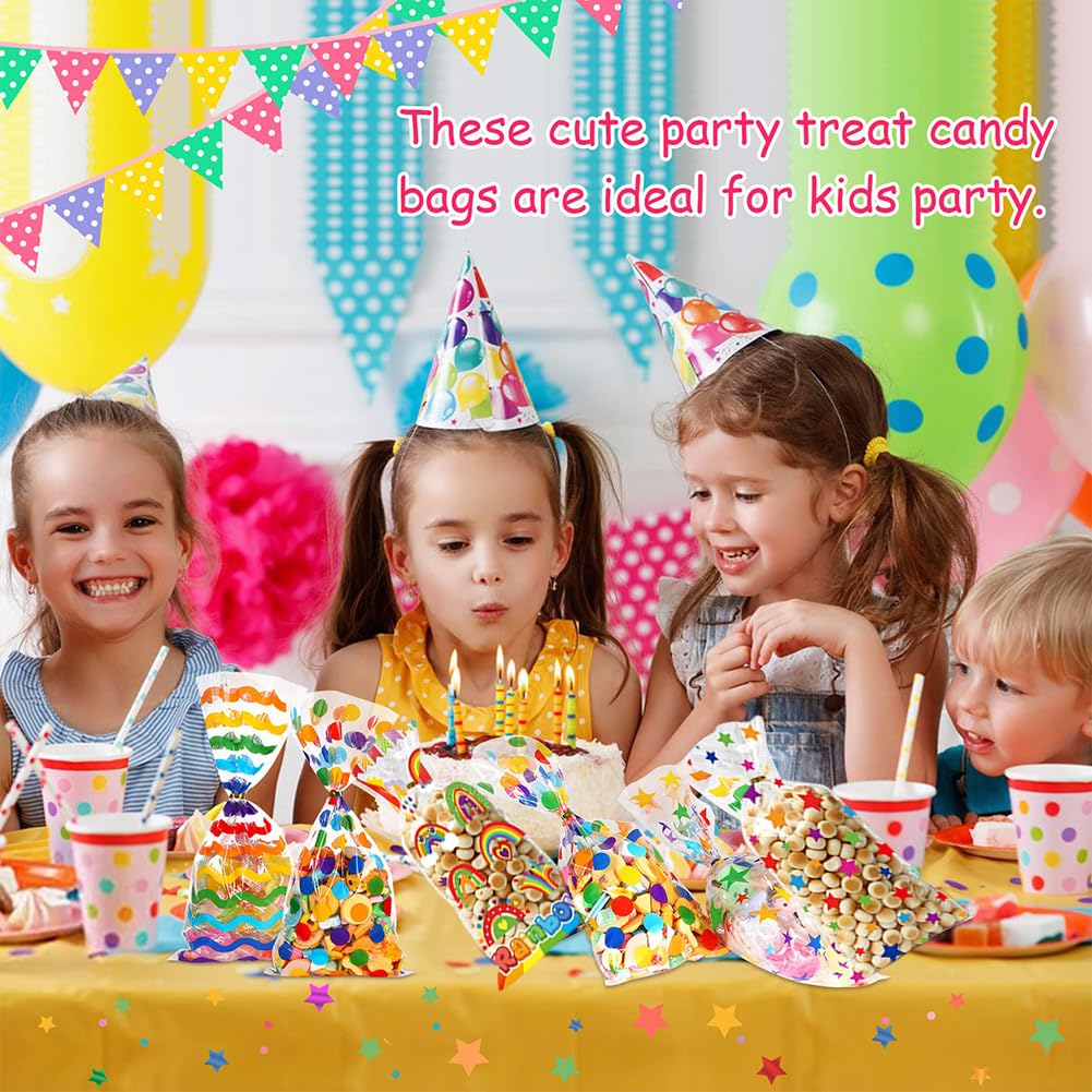 100 Pezzi Sacchetti Compleanno Bambini, Sacchetti Trasparenti per Caramelle Biscotto, Regalo Bustine Cellophane per Caramelle di Compleanno, 27 x 12,5 cm, Multicolore