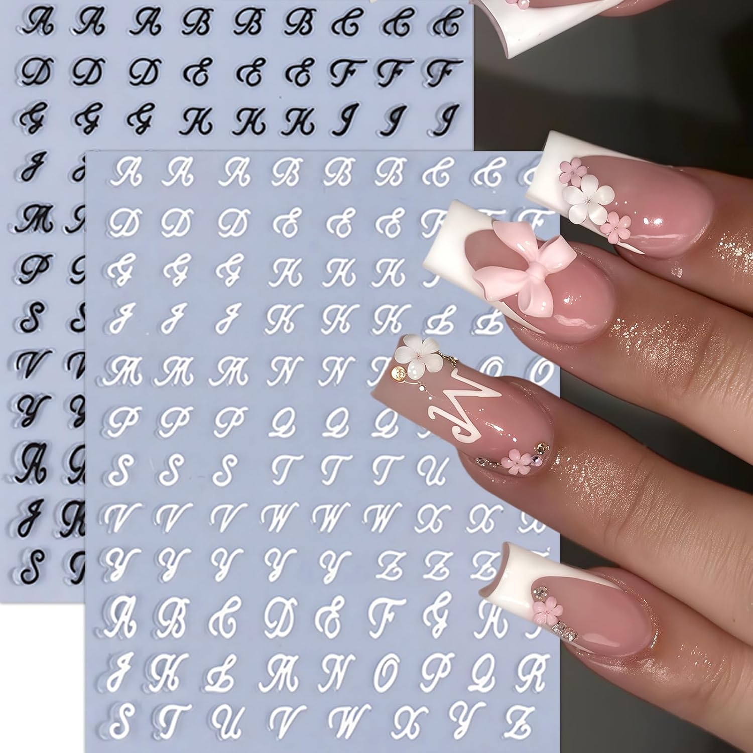 8 Sheets Letter Nail Stickers Old English Letter Nail Decals 3D Self-Adhesive Gold Silver Black White Retro English Pattern Old Alphabet Cursive Design Nail Supplies Manicure Accessories for Women